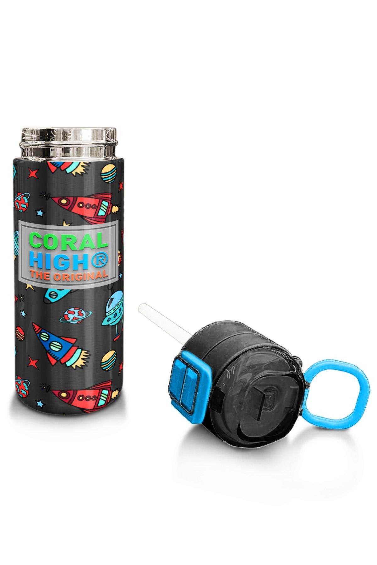 Coral High Kids Koyu Gri Kırmızı Uzay Desenli Pipetli ve Direkt İçim Çelik Termos 500 ml 31916