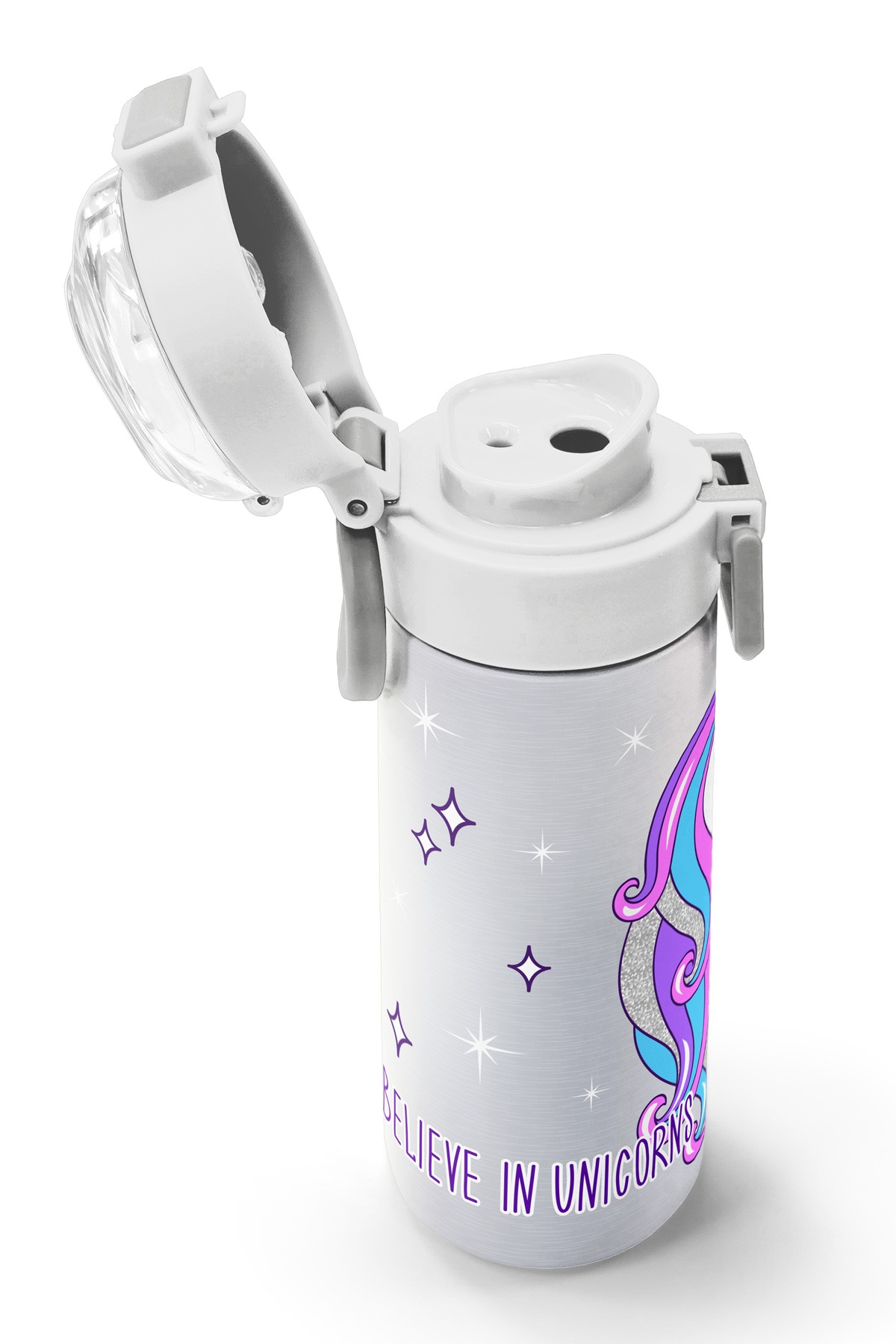 Coral High Kids Pembe Gümüş Unicorn Desenli Pipetli ve Direkt İçim Çelik Termos 500 ml 31821