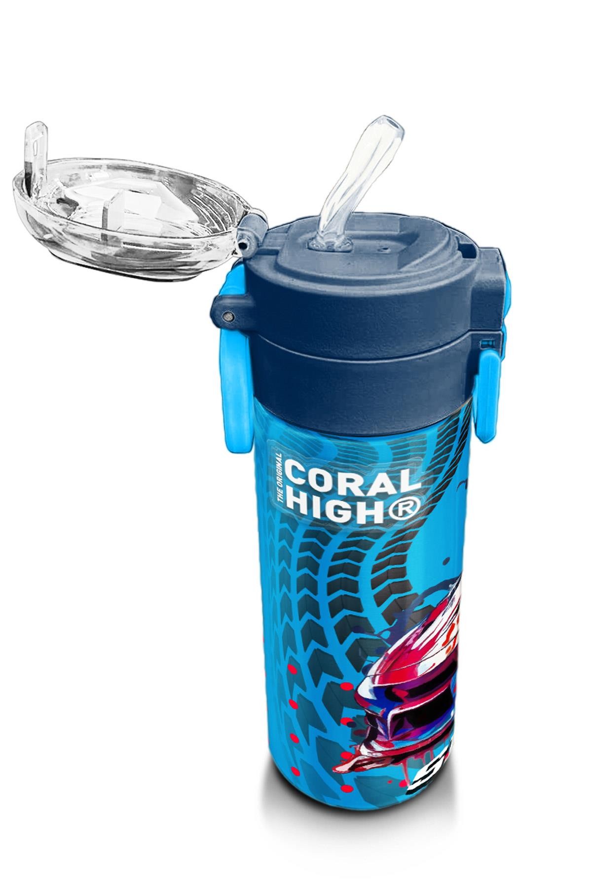 Coral High Kids Gri Mavi Yarış Arabası Desenli Pipetli ve Direkt İçim Çelik Termos 500 ml 31815