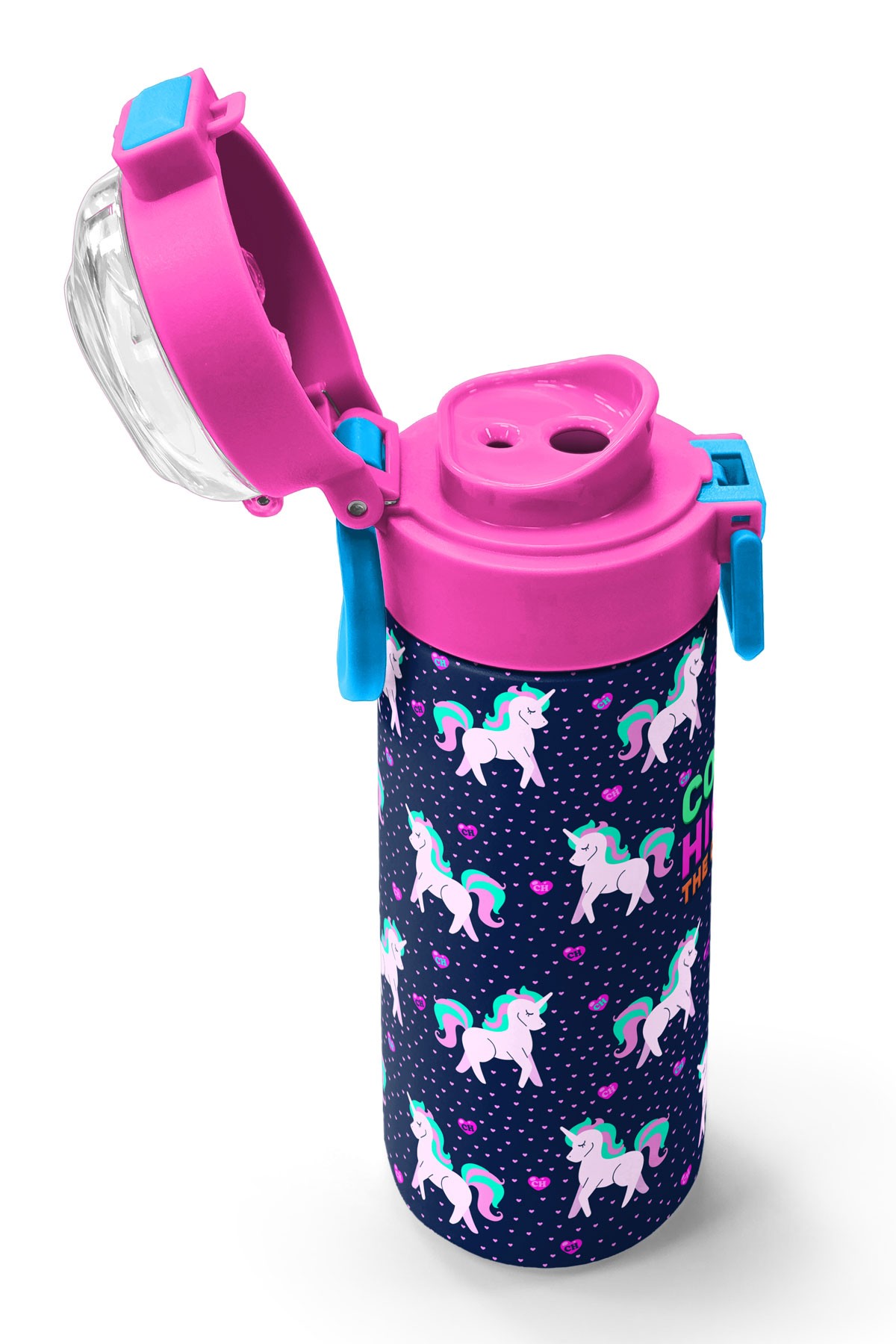 Coral High Kids Lacivert Pembe Unicorn Desenli Pipetli ve Direkt İçim Çelik Termos 500 ml 31915