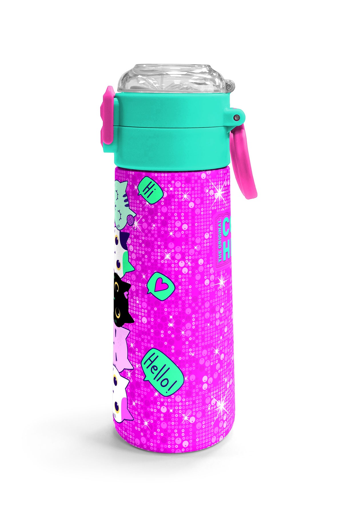 Coral High Kids Pembe Su Yeşili Kedi Desenli Pipetli ve Direkt İçim Çelik Termos 500 ml 31806