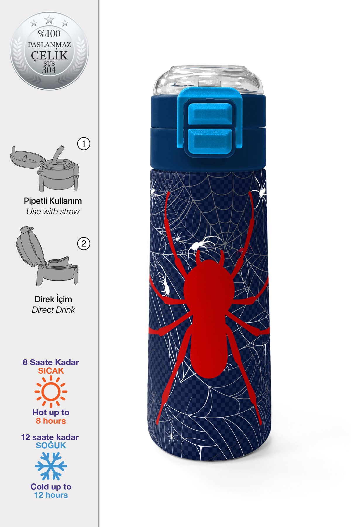 Coral High Kids Lacivert Kırmızı Örümcek Desenli Pipetli ve Direkt İçim Çelik Termos 500 ml 31931