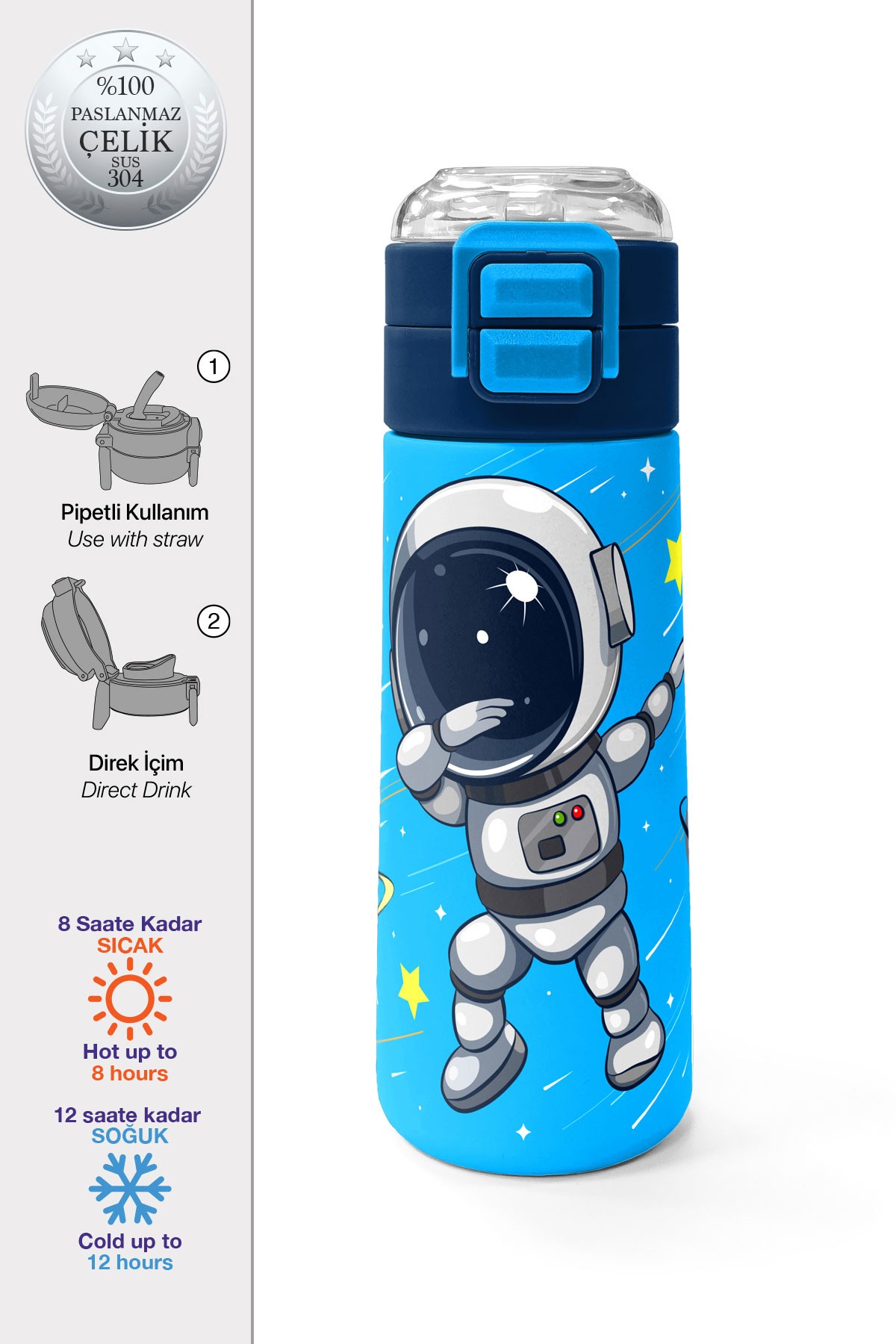Coral High Kids Lacivert Mavi Astronot Desenli Pipetli ve Direkt İçim Çelik Termos 500 ml 31804