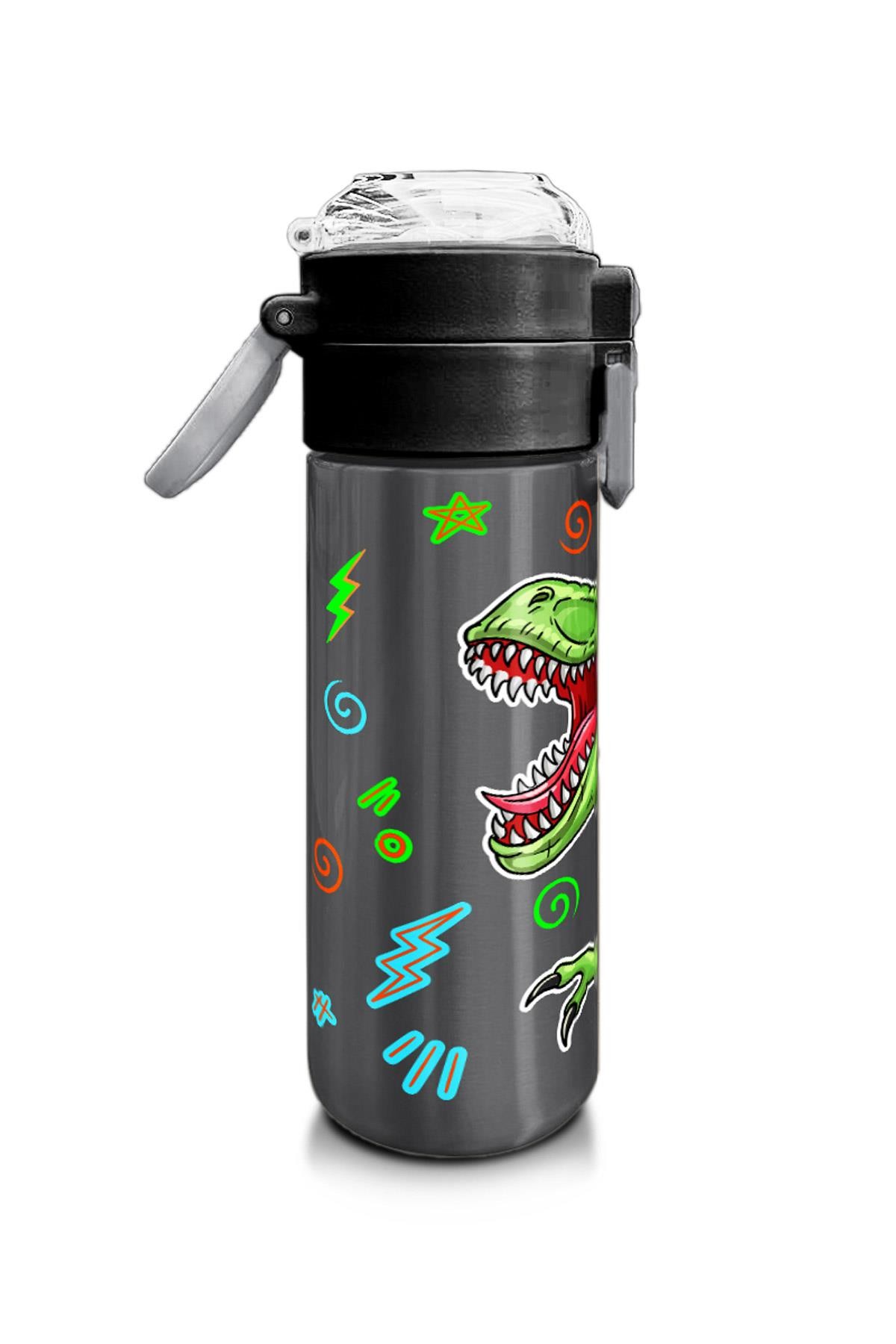 Coral High Kids Siyah Gri Dinozor Desenli Pipetli ve Direkt İçim Çelik Termos 500 ml 31946
