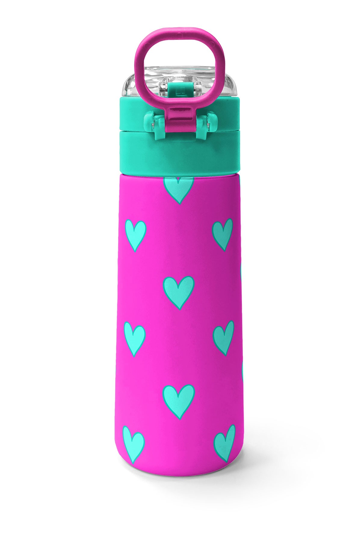 Coral High Kids Neon Pembe Su Yeşili Kalp Desenli Pipetli ve Direkt İçim Çelik Termos 500 ml 31906