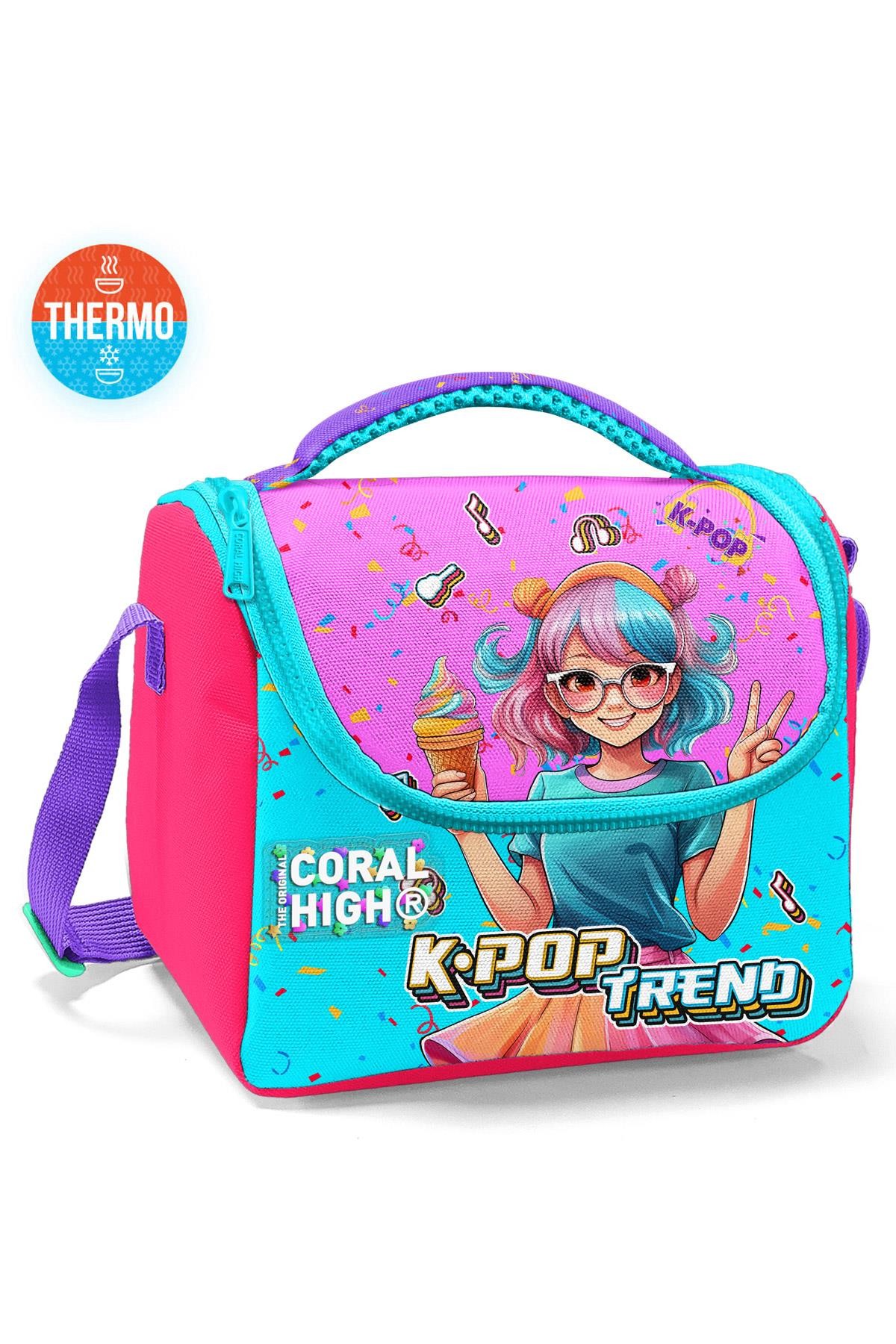 Coral High Kids Pembe Turkuaz K-Pop Desenli Thermo Beslenme Çantası 12788