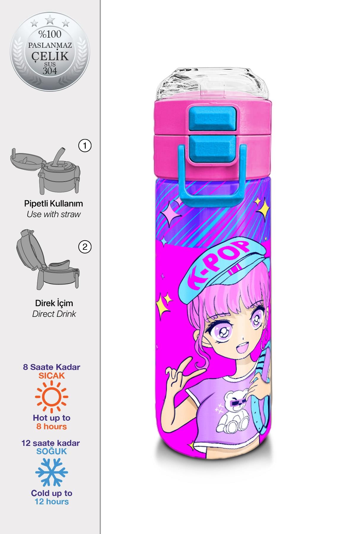 Coral High Kids Mor Pembe Mavi K-PopDesenli Pipetli ve Direkt İçim Çelik Termos 500 ml 31831