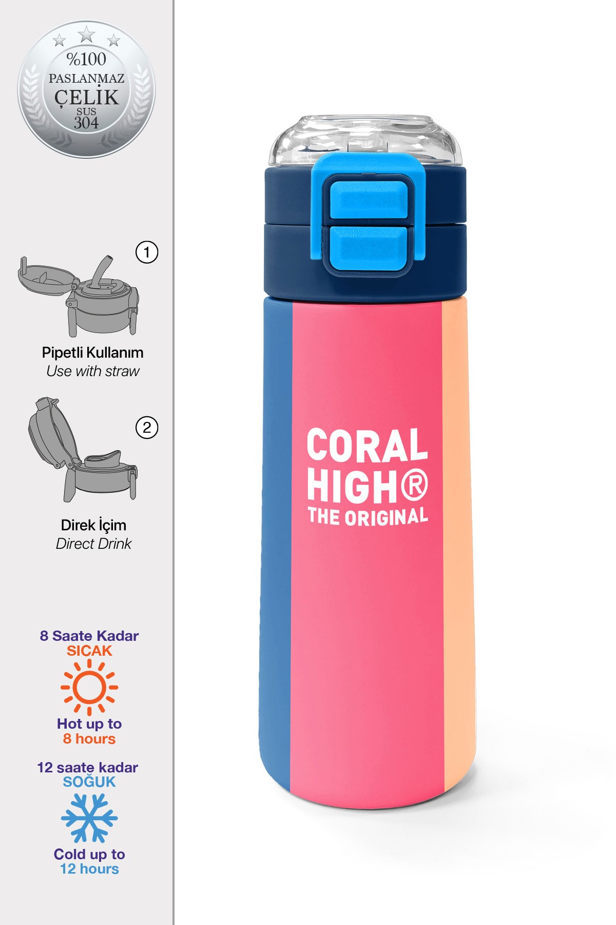 Coral High Kids Renkli Çizgili Desenli Pipetli ve Direkt İçim Çelik Termos 500 ml 31879