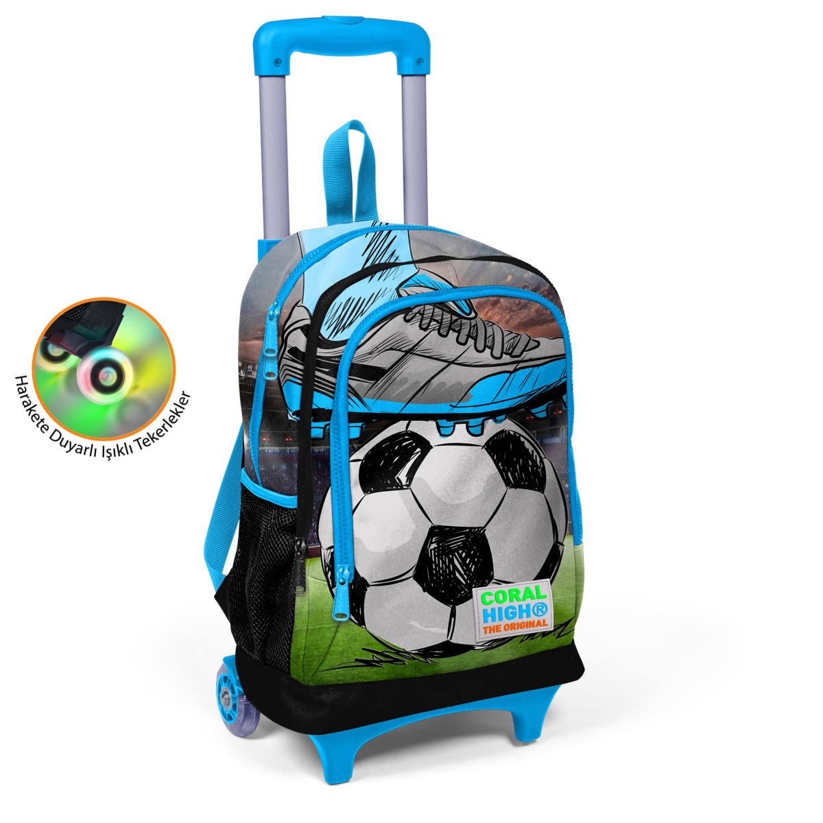 Coral High Kids Siyah Mavi Futbol Desenli Üç Bölmeli Çekçekli Okul Sırt Çantası 23919