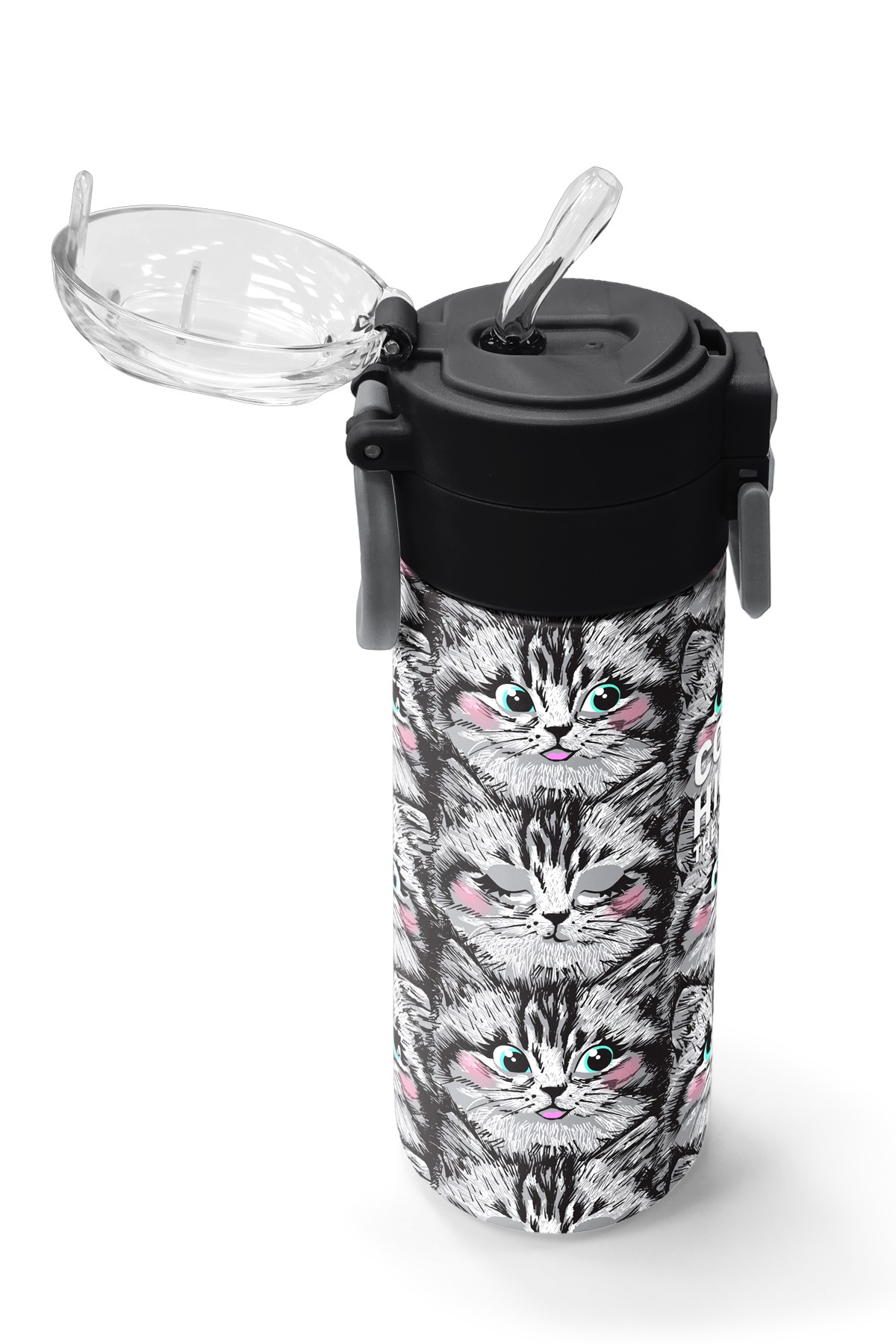 Coral High Kids Gri Kedi Desenli Pipetli ve Direkt İçim Çelik Termos 500 ml 31851