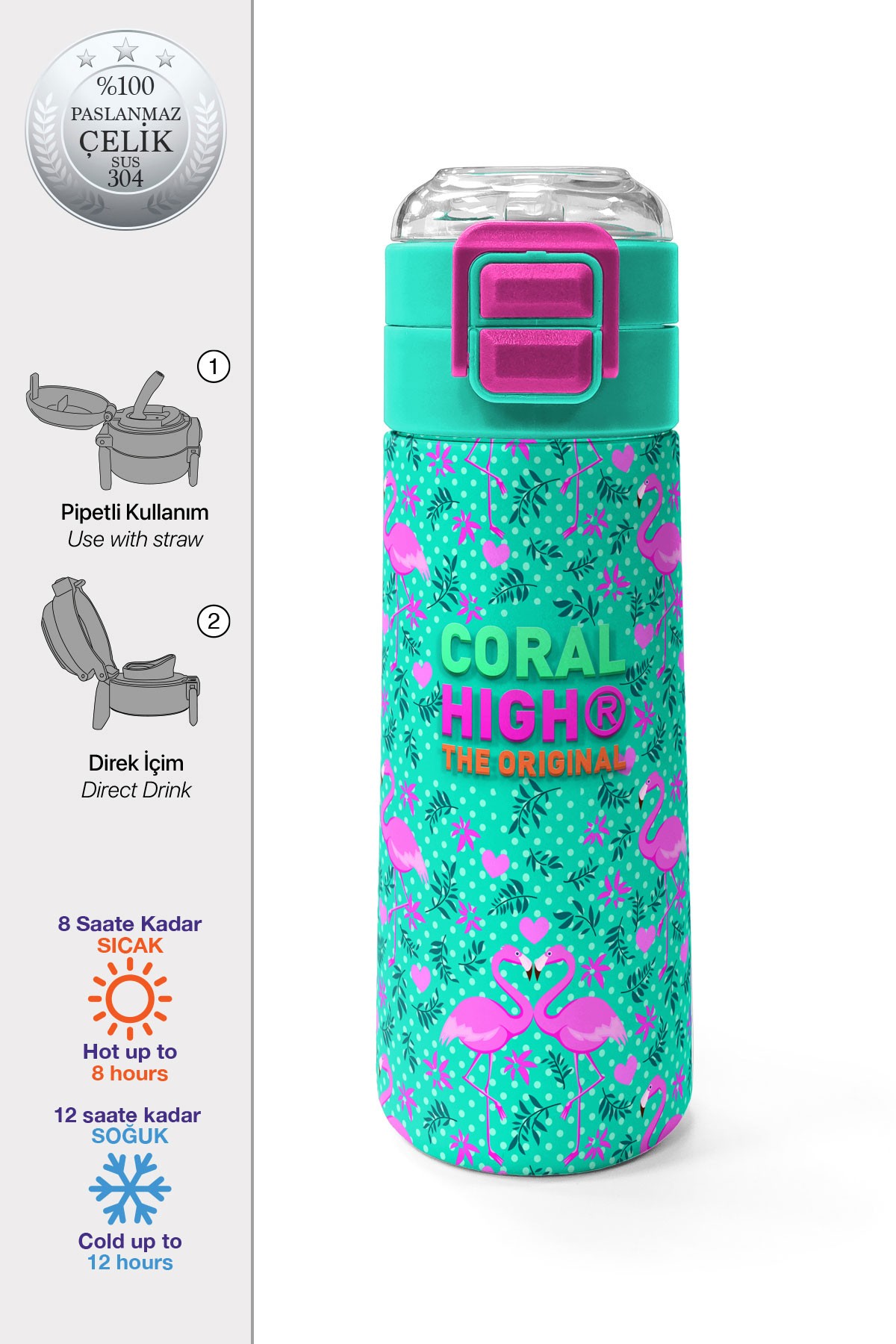 Coral High Kids Su Yeşili Pembe Flamingo Desenli Pipetli ve Direkt İçim Çelik Termos 500 ml 31926
