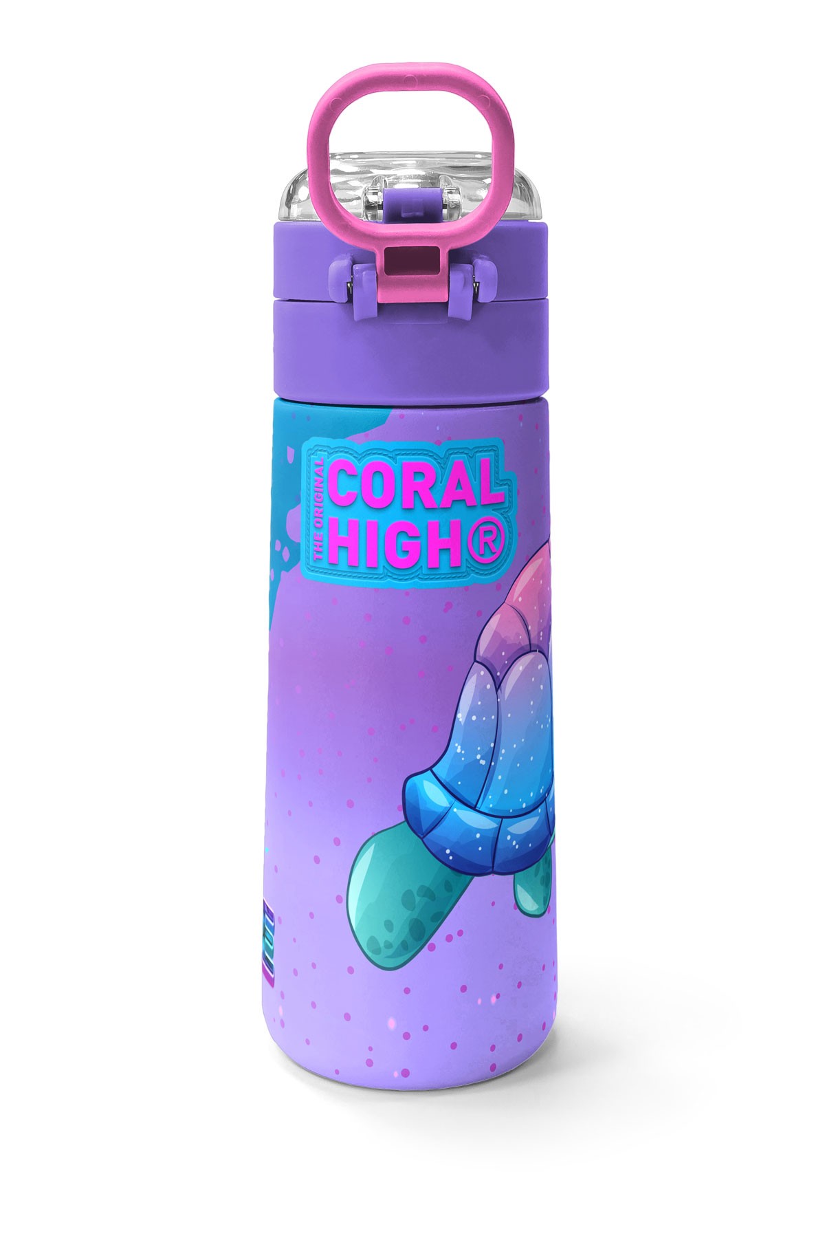 Coral High Kids Açık Pembe Mavi Kaplumbağa Desenli Pipetli ve Direkt İçim Çelik Termos 500 ml 31808