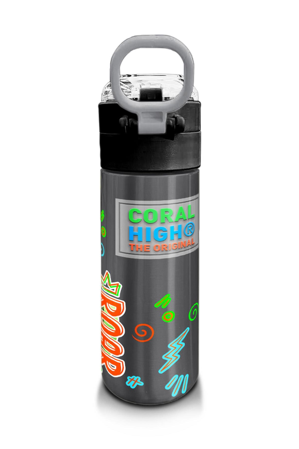 Coral High Kids Siyah Gri Dinozor Desenli Pipetli ve Direkt İçim Çelik Termos 500 ml 31946
