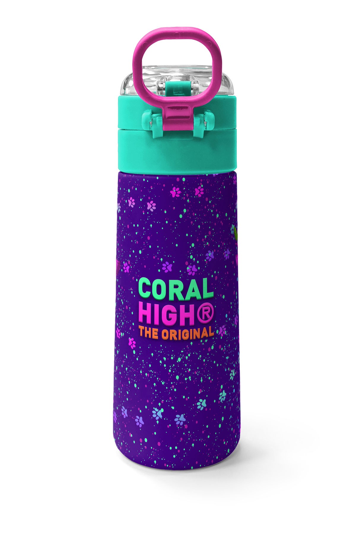Coral High Kids Mor Pembe Kedi Desenli Pipetli ve Direkt İçim Çelik Termos 500 ml 31939
