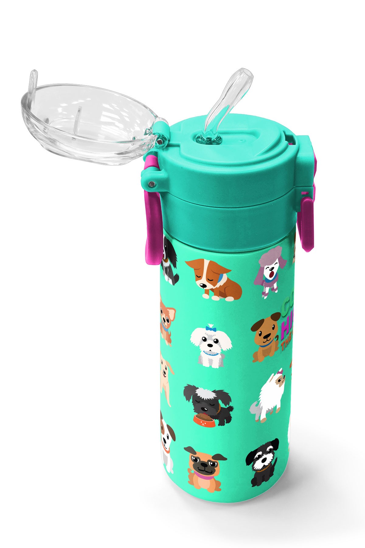 Coral High Kids Su Yeşili Neon Pembe Köpek Desenli Pipetli ve Direkt İçim Çelik Termos 500 ml 31913