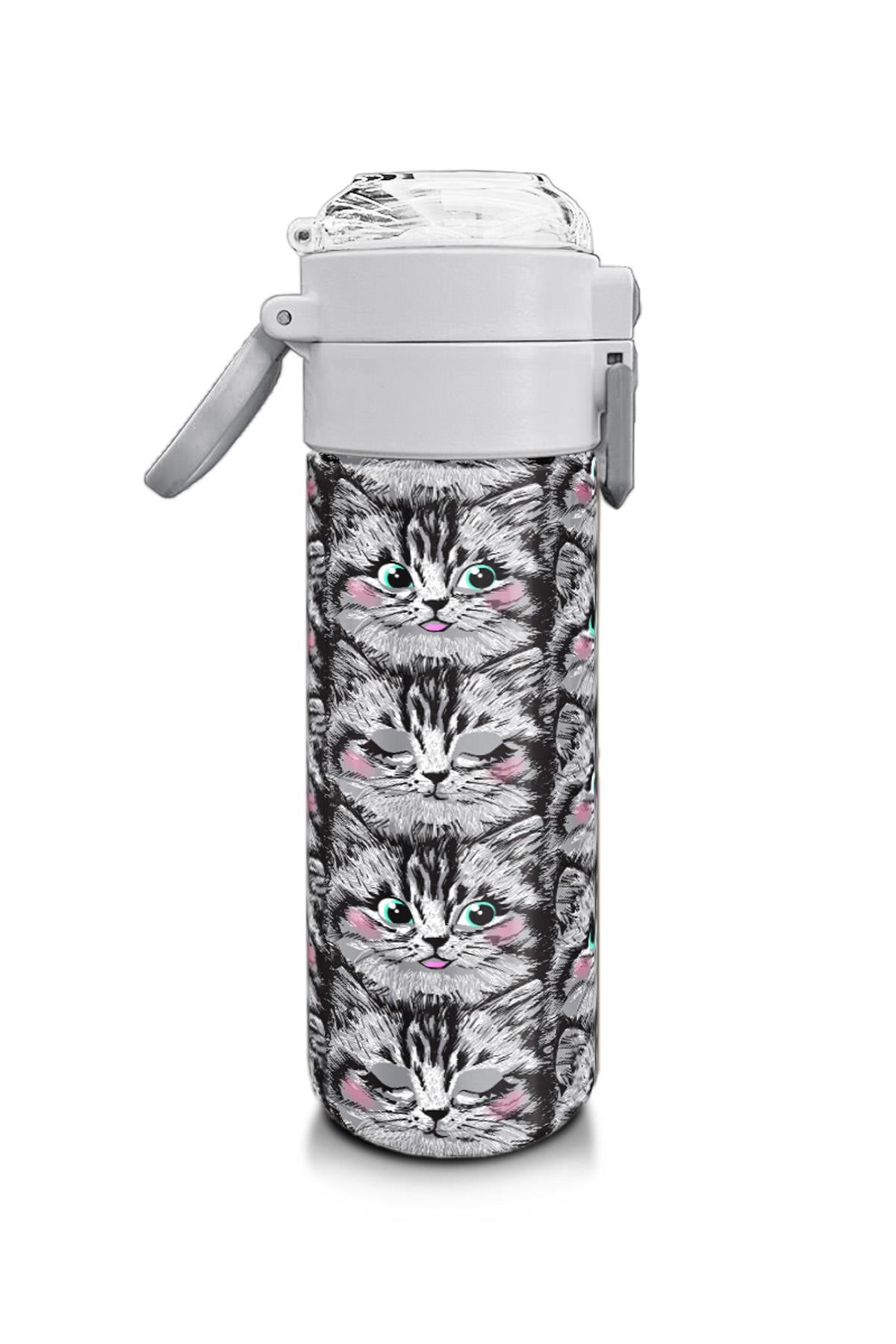 Coral High Kids Gri Kedi Desenli Pipetli ve Direkt İçim Çelik Termos 500 ml 31851