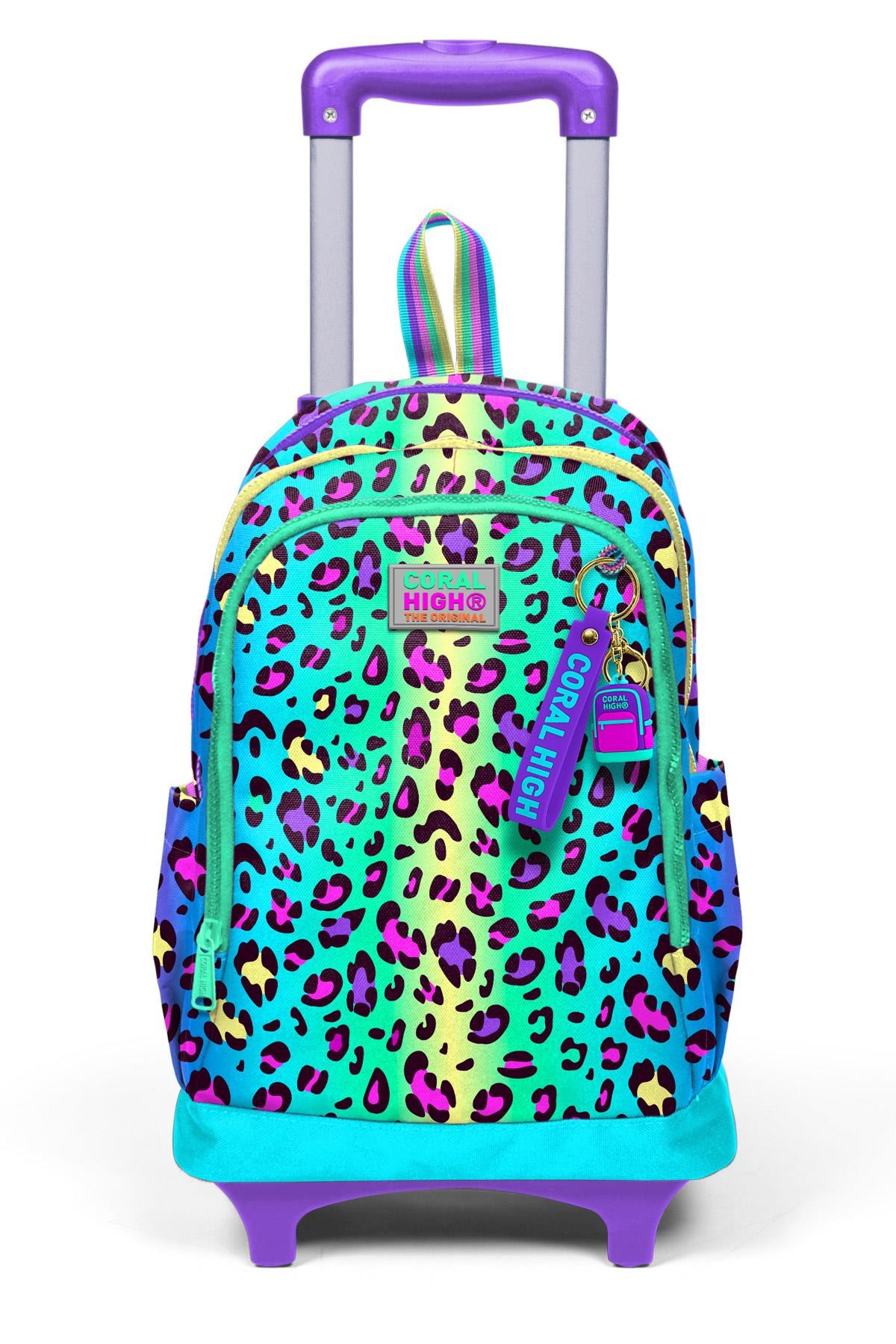 Coral High Kids Renkli Leopar Desenli Üç Bölmeli Çekçekli Okul Sırt Çantası 23969