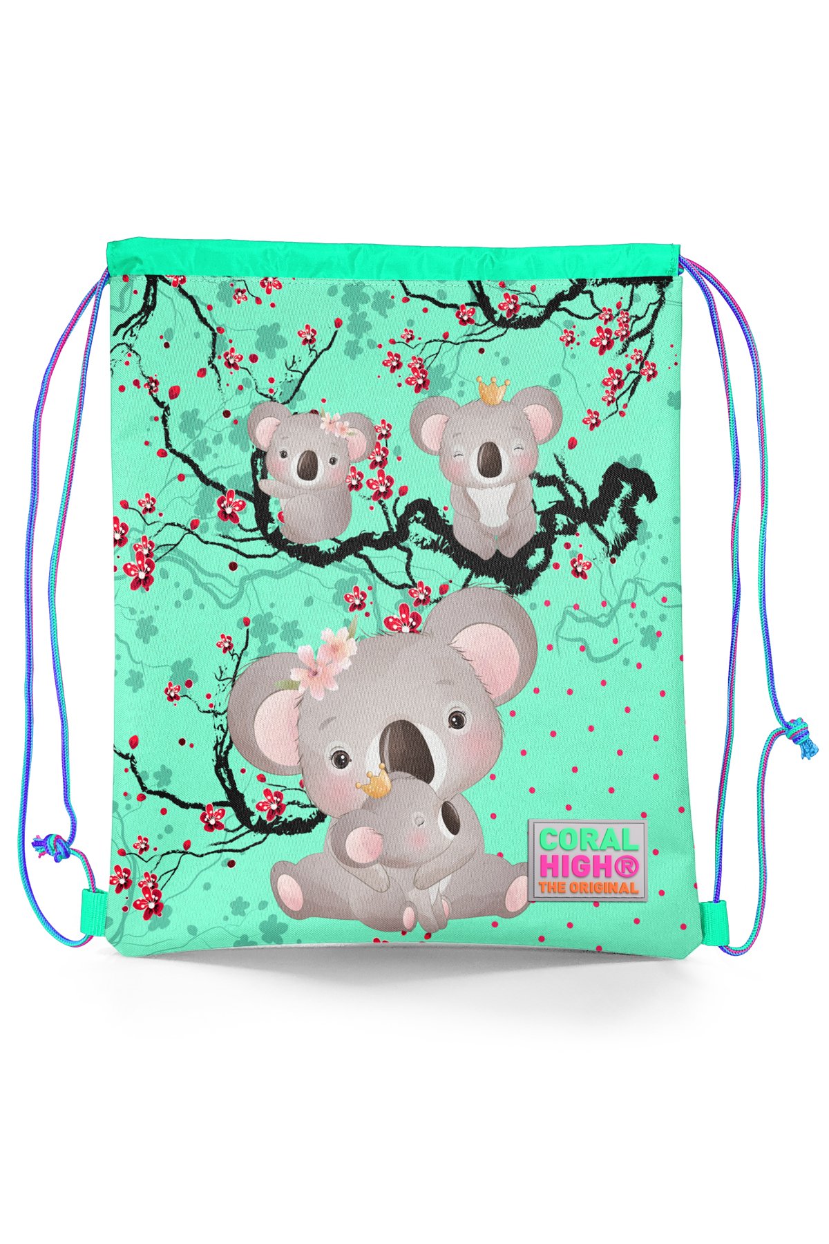 Coral High Kids Su Yeşili Neon Mercan Koala Desenli İpli Büzgülü Sırt Çantası 22469