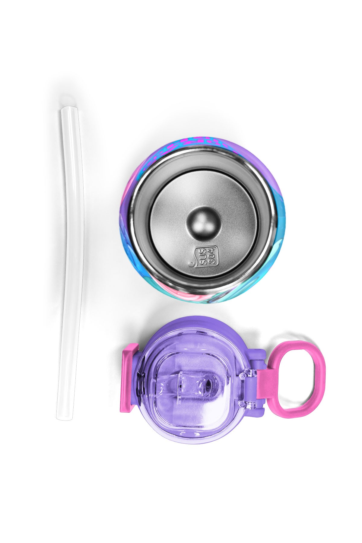 Coral High Kids Açık Pembe Mavi Kaplumbağa Desenli Pipetli ve Direkt İçim Çelik Termos 500 ml 31808