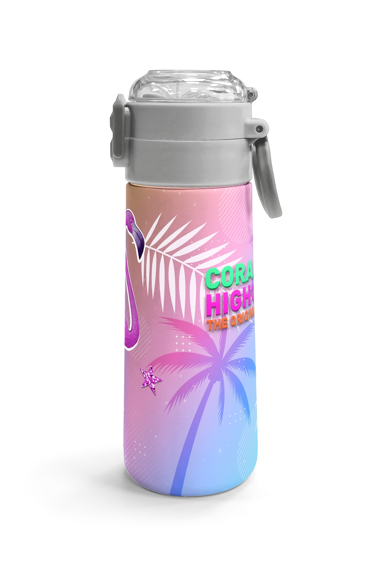Coral High Kids Lavanta Pembe Flamingo Desenli Pipetli ve Direkt İçim Çelik Termos 500 ml 31921