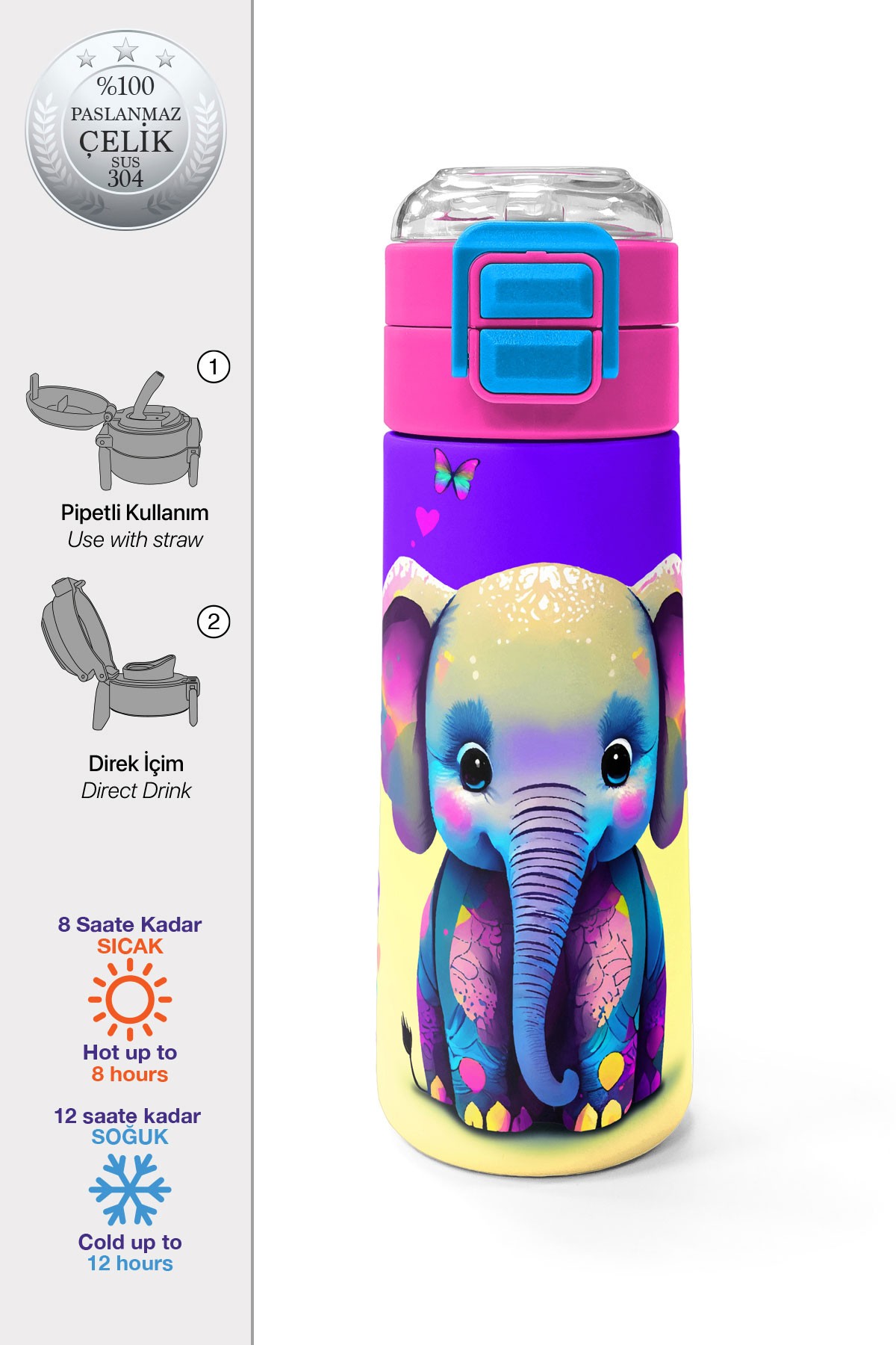 Coral High Kids Pembe Turkuaz Fil Desenli Pipetli ve Direkt İçim Çelik Termos 500 ml 31814