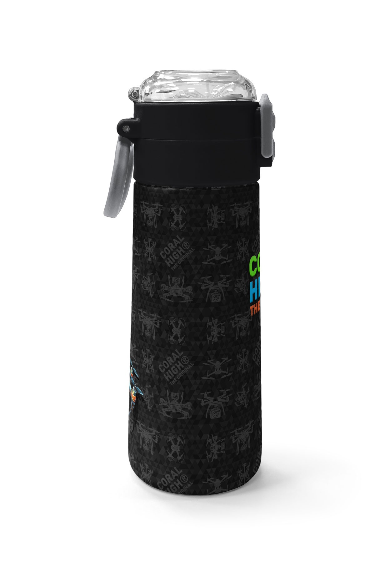Coral High Kids Siyah Drone Desenli Pipetli ve Direkt İçim Çelik Termos 500 ml 31891
