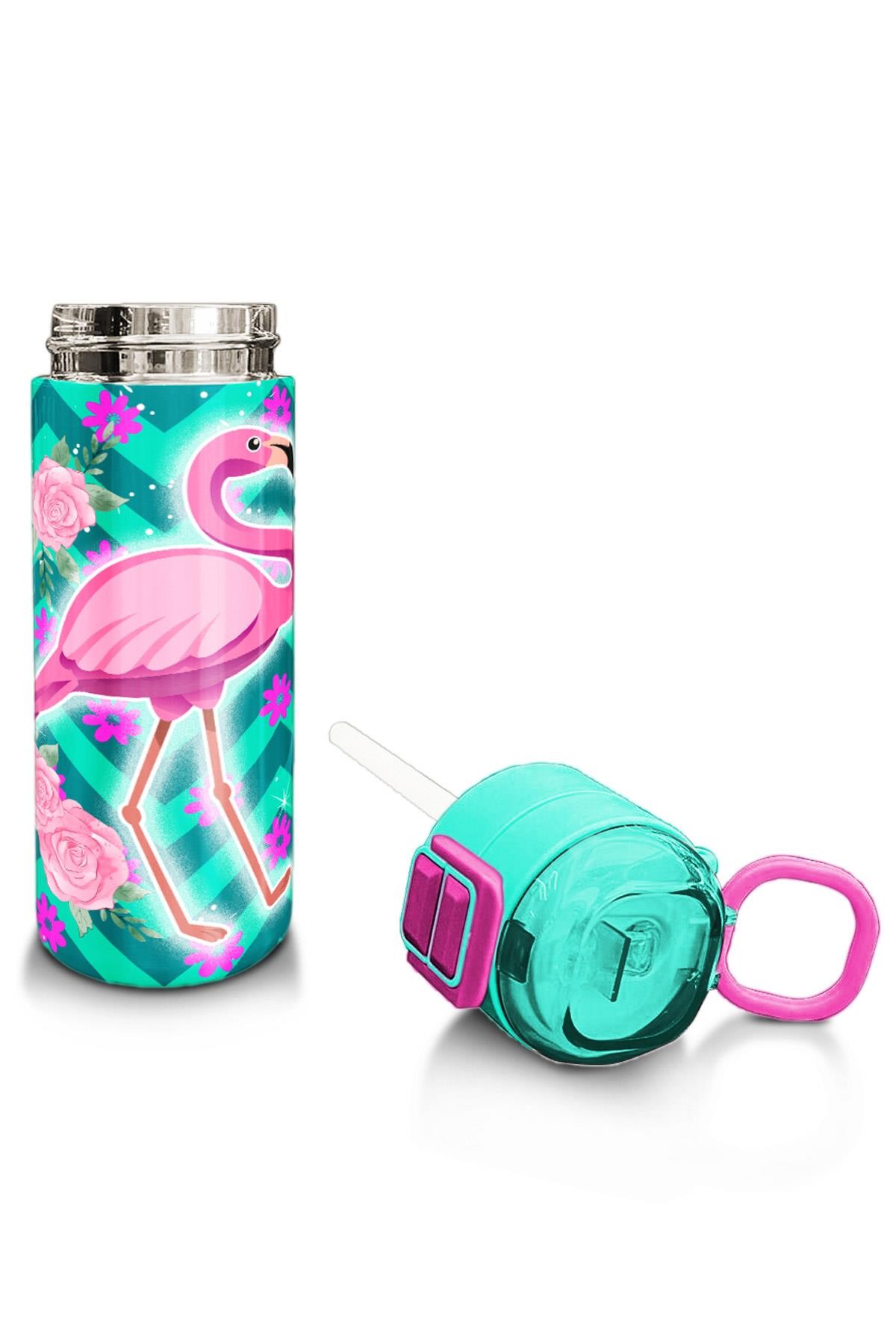 Coral High Kids Su Yeşili Pembe Flamingo Desenli Pipetli ve Direkt İçim Çelik Termos 500 ml 31820
