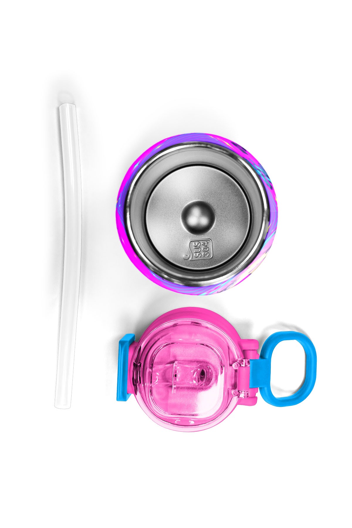 Coral High Kids Mor Pembe Mavi K-PopDesenli Pipetli ve Direkt İçim Çelik Termos 500 ml 31831