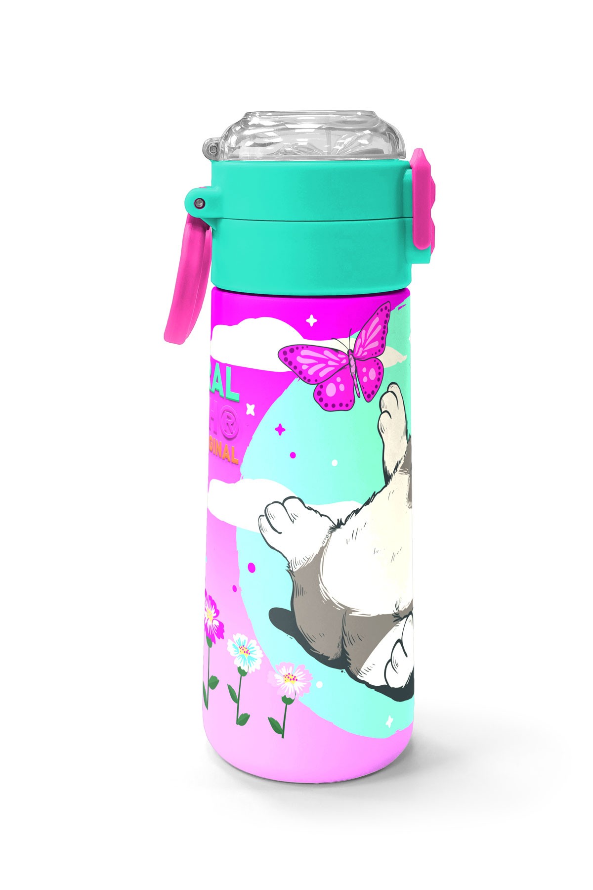 Coral High Kids Su Yeşili Pembe Kedi Desenli Pipetli ve Direkt İçim Çelik Termos 500 ml 31796