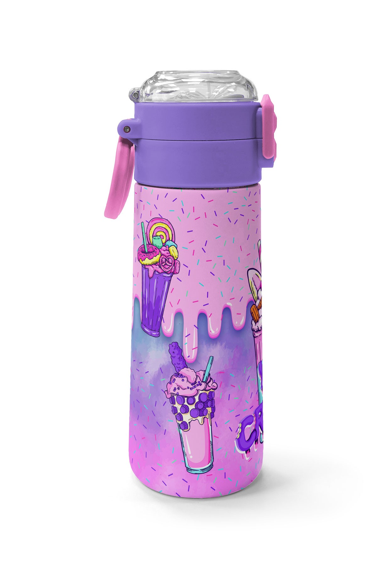Coral High Kids Pembe Mor Milkshake Dondurma Desenli Pipetli ve Direkt İçim Çelik Termos 500 ml 31950