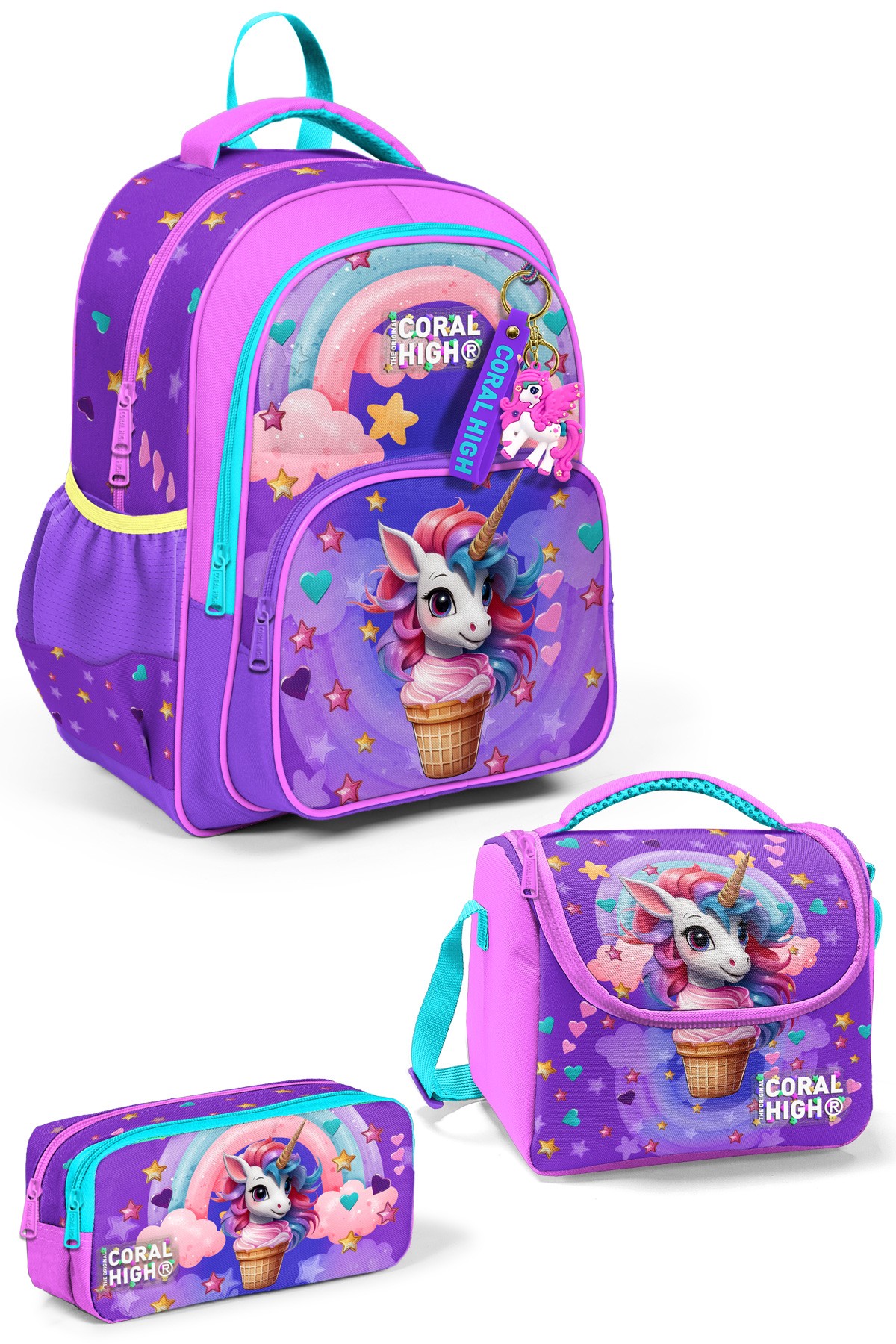 Coral High Kids Mor Pembe Unicorn Dondurma Desenli 3’lü Okul Çanta Seti SET0114421