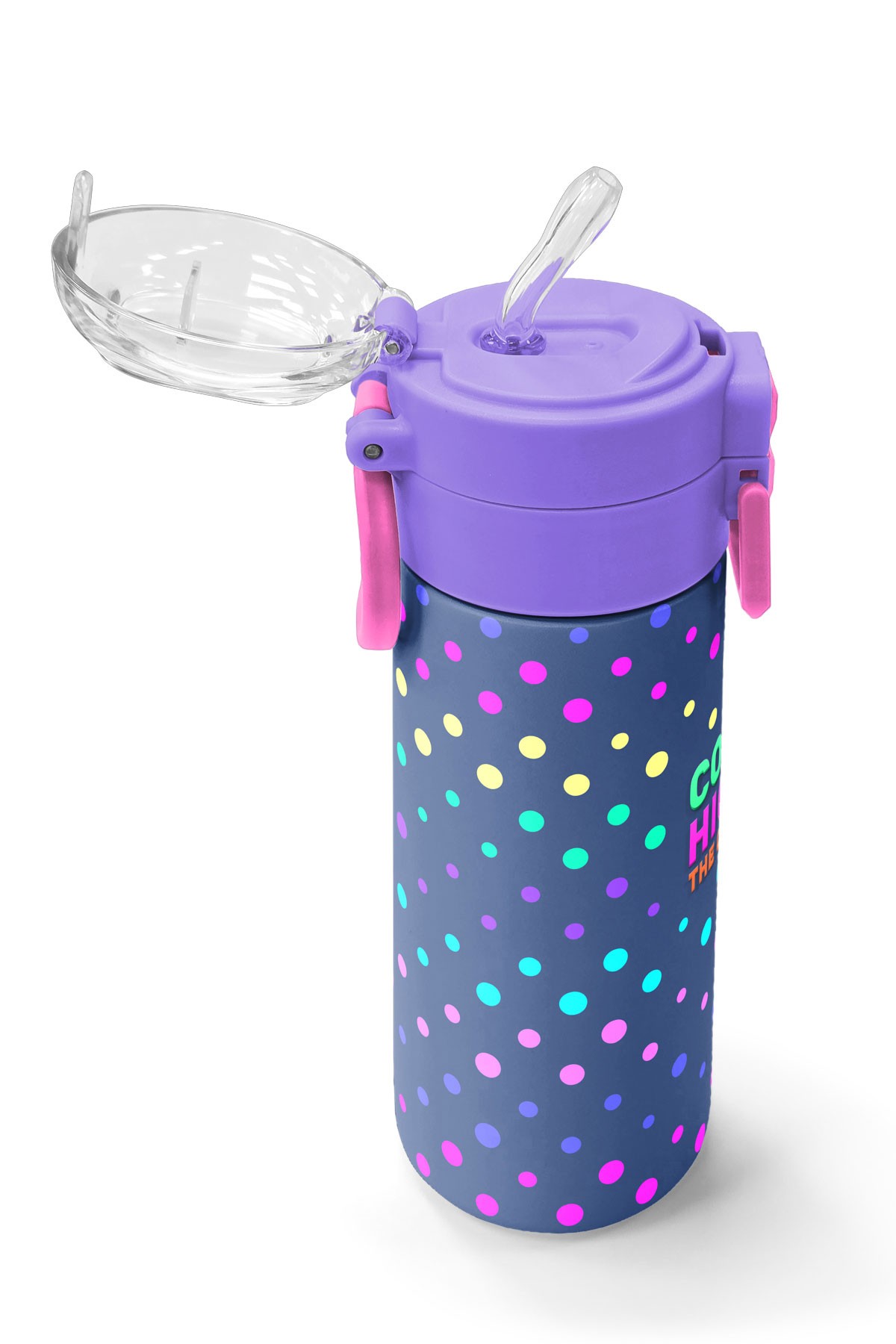 Coral High Kids Lacivert Puantiyeli Desenli Pipetli ve Direkt İçim Çelik Termos 500 ml 31872