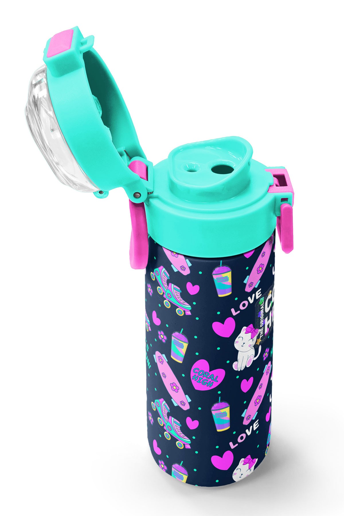 Coral High Kids Lacivert Pembe Kedili Paten Desenli Pipetli ve Direkt İçim Çelik Termos 500 ml 31983