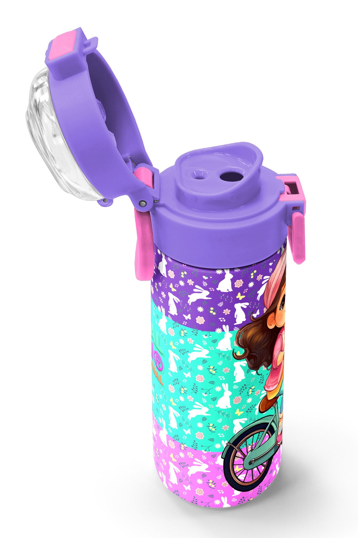 Coral High Kids Mor Pembe Bisikletli Kız Desenli Pipetli ve Direkt İçim Çelik Termos 500 ml 31797