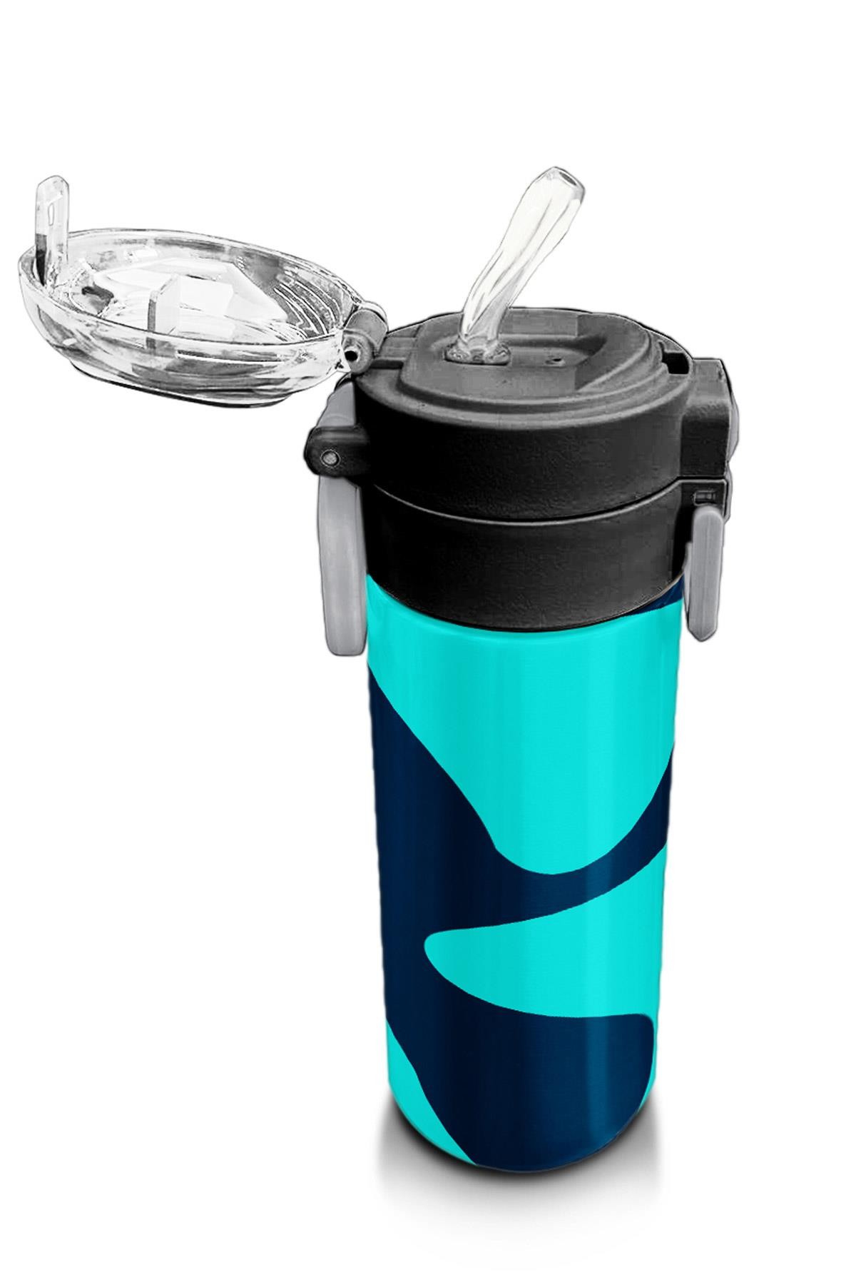 Coral High Kids Lacivert Turkuaz Desenli Pipetli ve Direkt İçim Çelik Termos 500 ml 31886