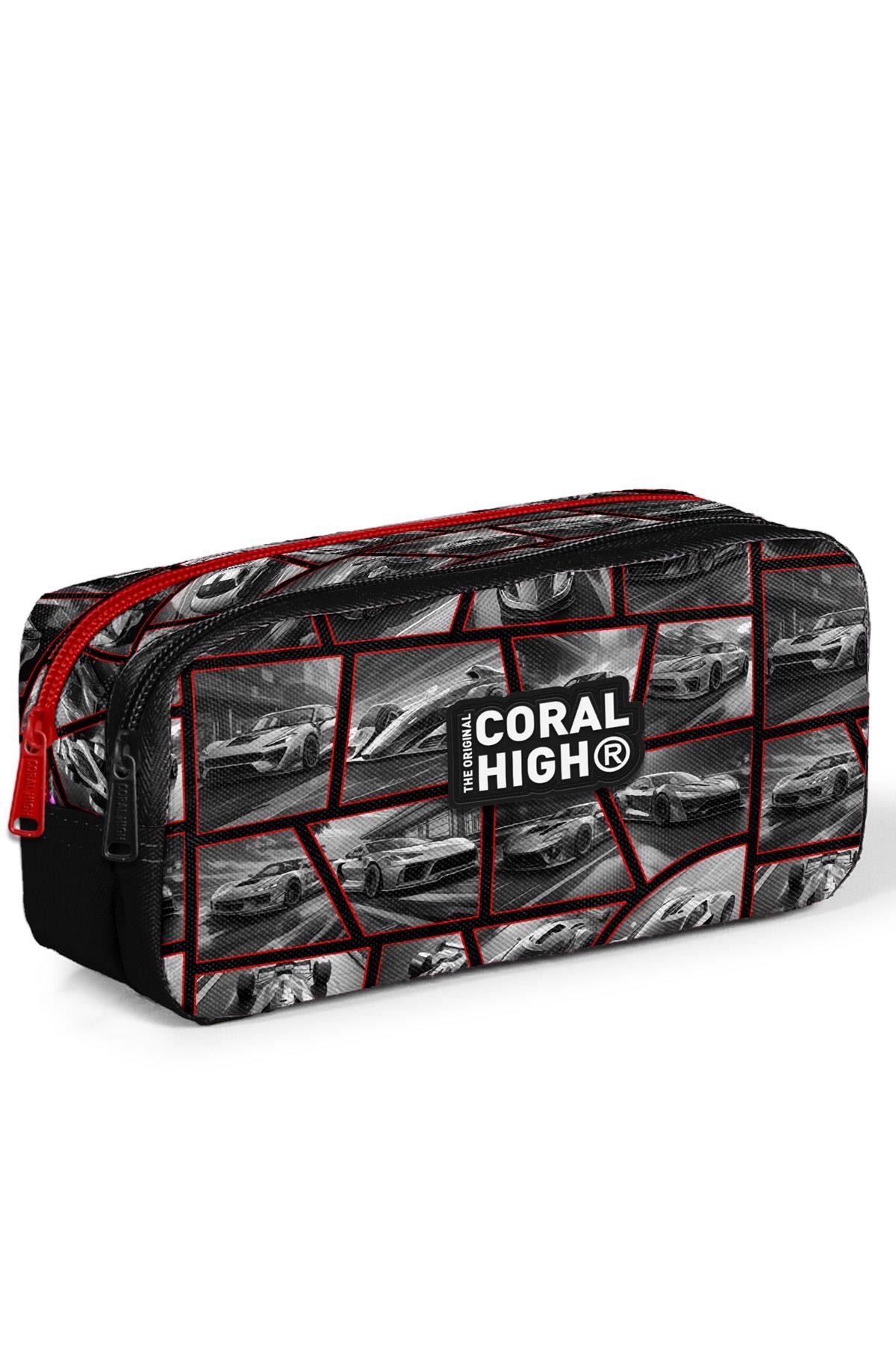 Coral High Kids Siyah Kırmızı Araba Desenli İki Bölmeli Kalem Çantası 12120