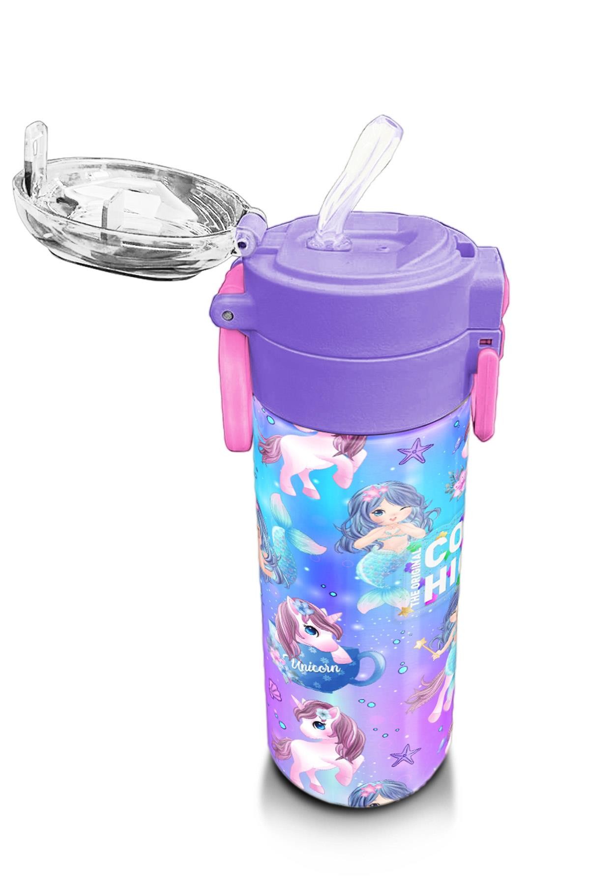 Coral High Kids Mor Pembe Unicorn Deniz Kızı Desenli Pipetli ve Direkt İçim Çelik Termos 500 ml 31982