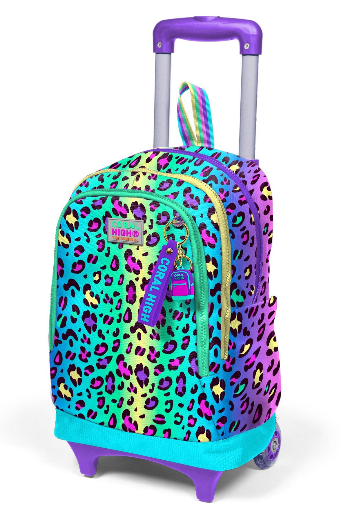 Coral High Kids Renkli Leopar Desenli Üç Bölmeli Çekçekli Okul Sırt Çantası 23969