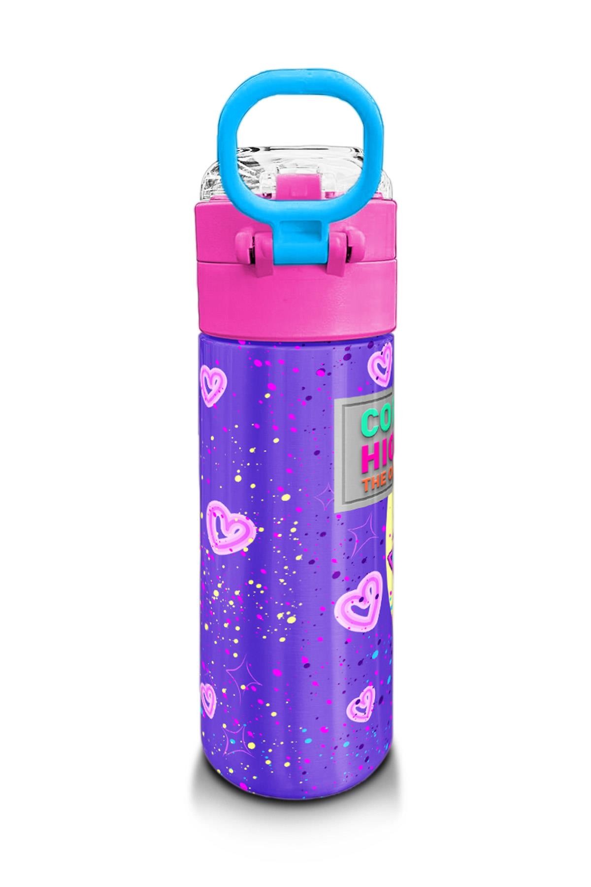 Coral High Kids Mor Pembe Anime Kız Desenli Pipetli ve Direkt İçim Çelik Termos 500 ml 31942
