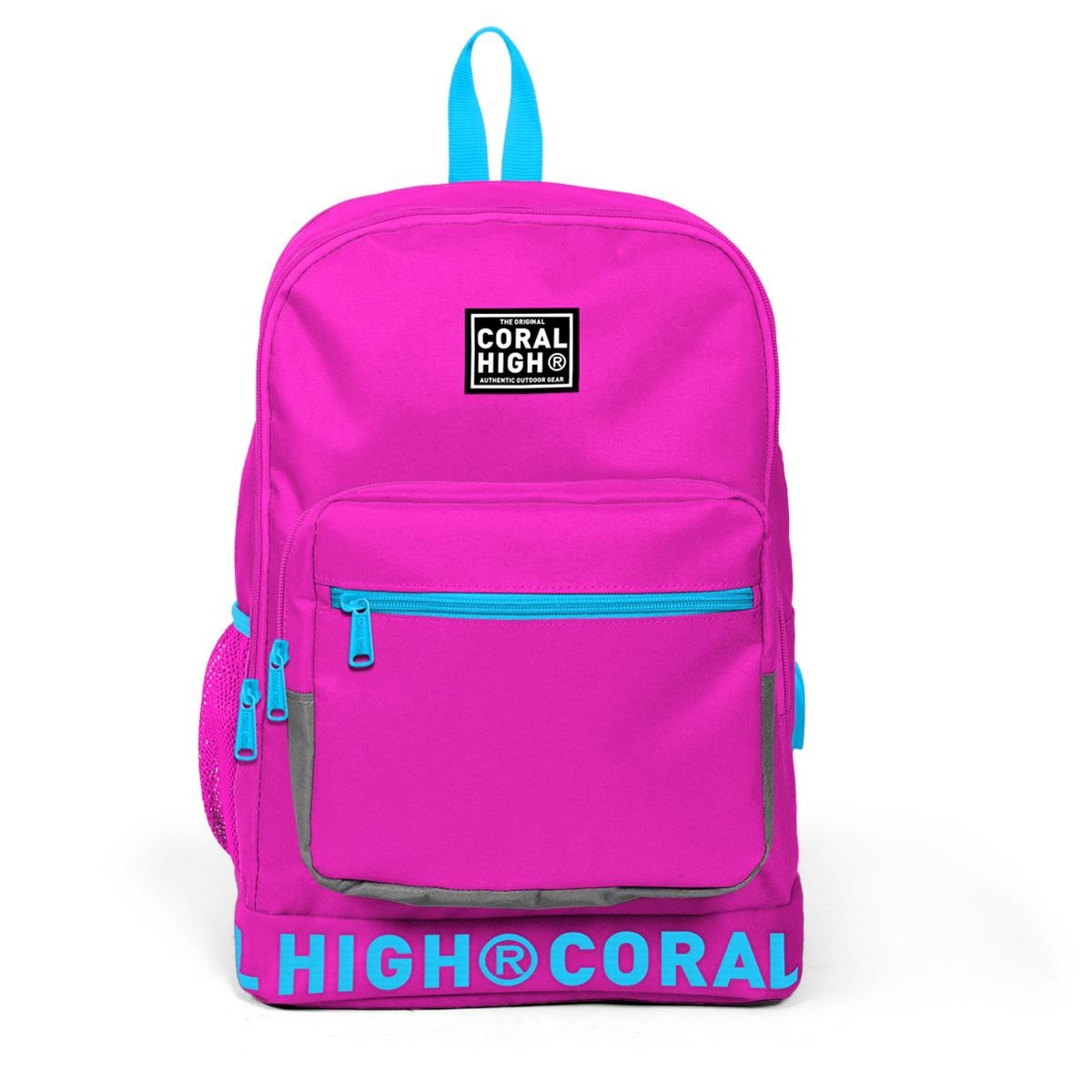 Coral High Neon Pembe Nakış Logolu Dört Bölmeli USB Şarjlı Kulaklık Çıkışlı Sırt Çantası 24108