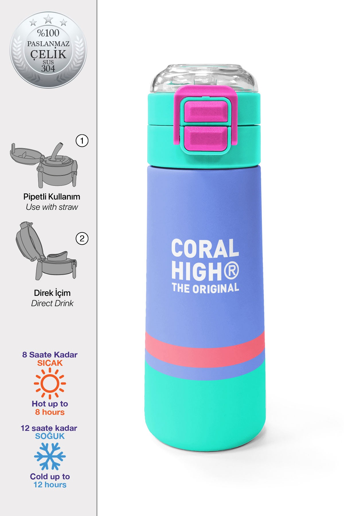 Coral High Kids Derin Mavi Renkli Pipetli ve Direkt İçim Çelik Termos 500 ml 31854