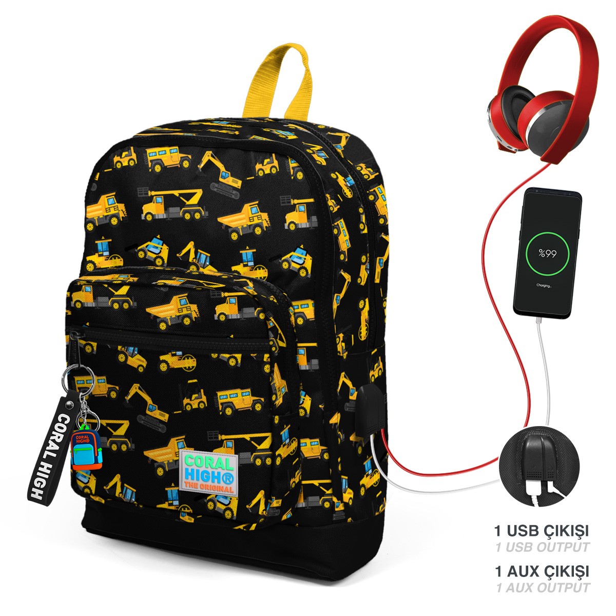 Coral High Kids Siyah Sarı İş Makinesi Desenli Dört Bölmeli USB'li Okul Sırt Çantası 23288