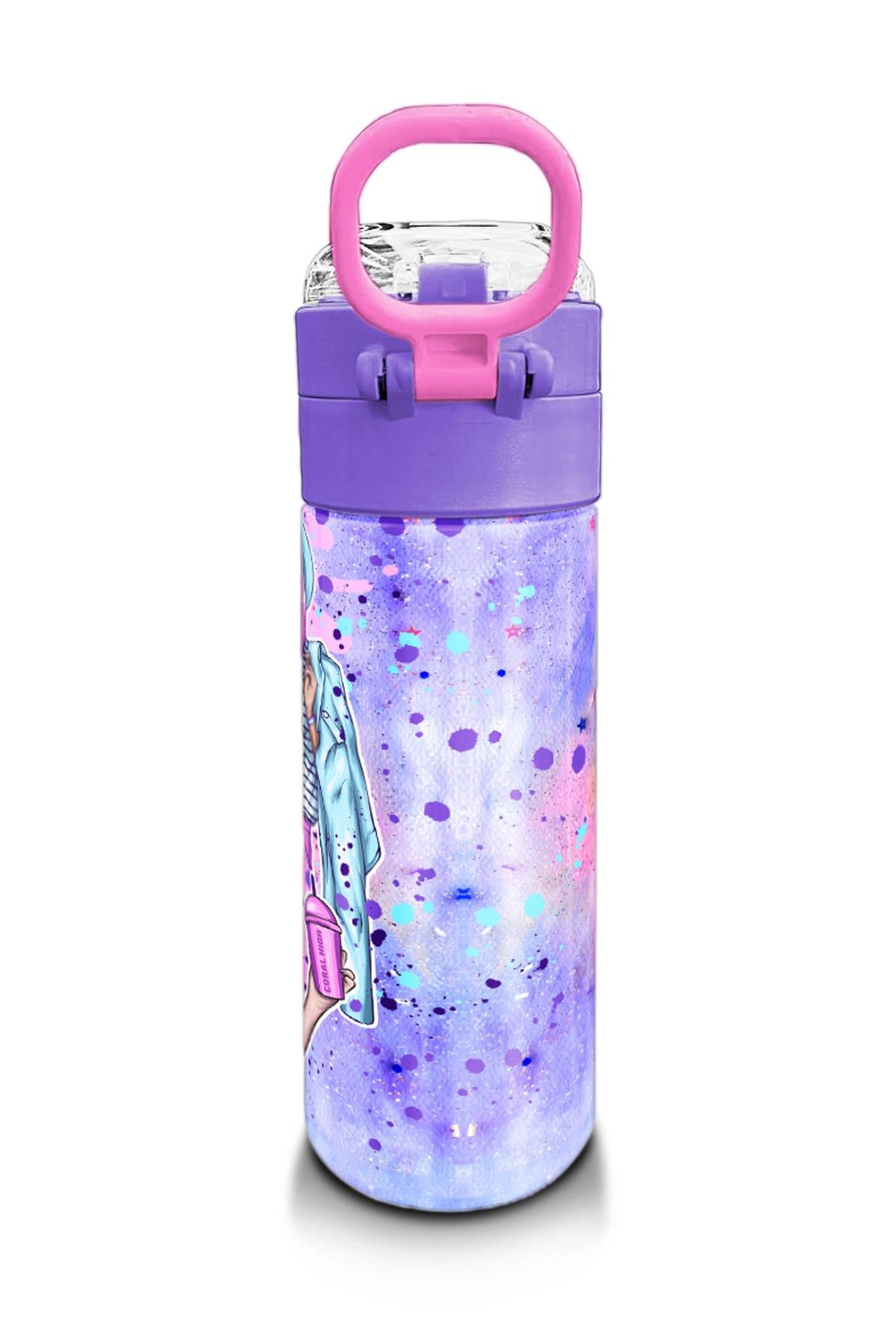 Coral High Kids Pembe Mor Fashion Girl Desenli Pipetli ve Direkt İçim Çelik Termos 500 ml 31956