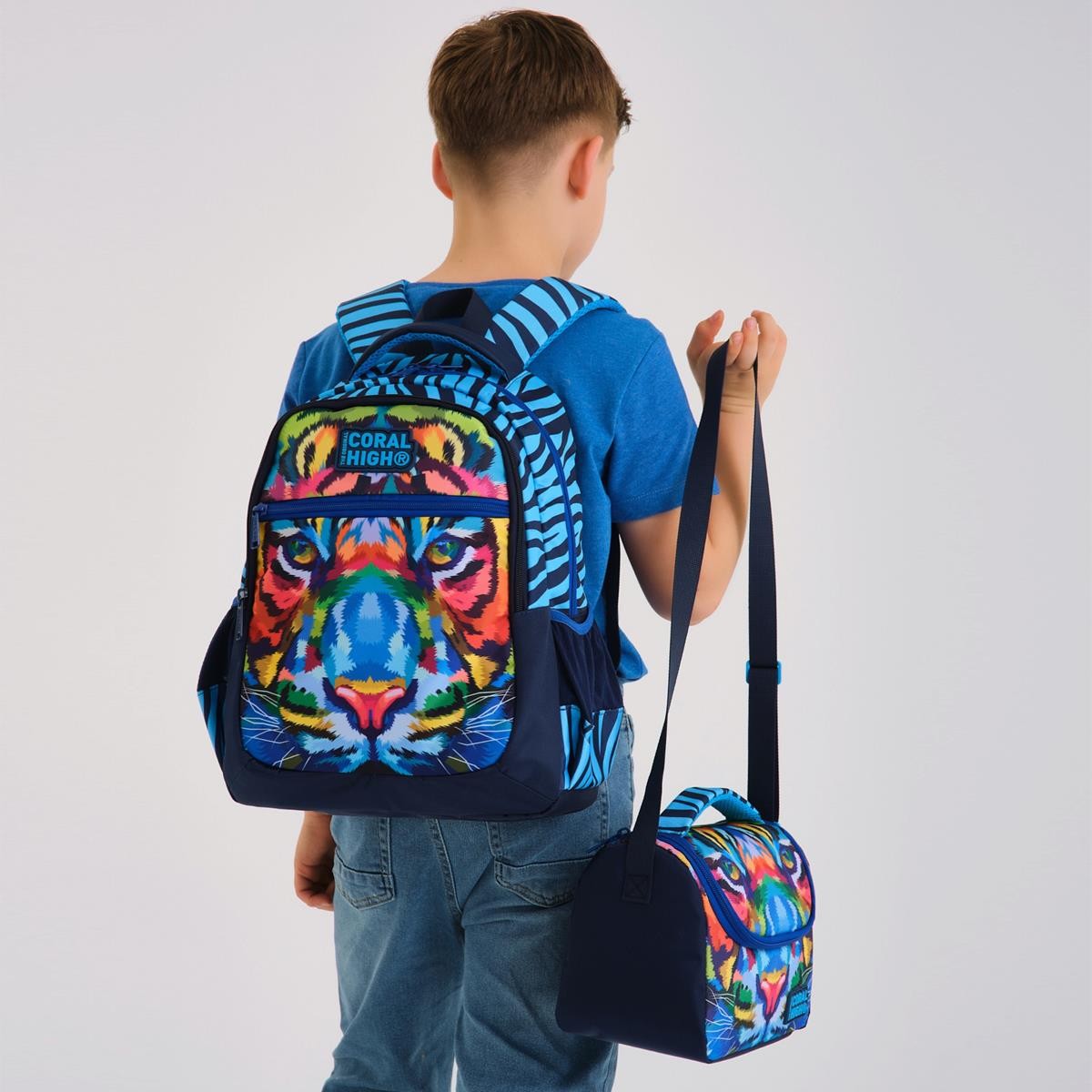 Coral High Kids Lacivert Mavi Kaplan Desenli 3’lü Okul Çanta Seti SET0123483