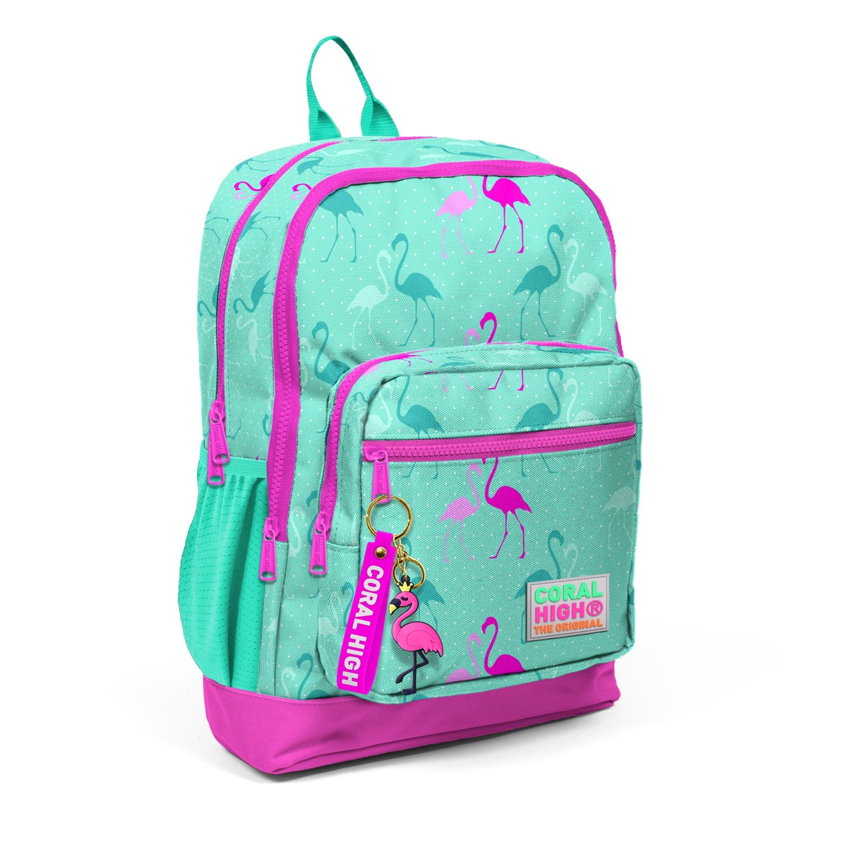 Coral High Kids Su Yeşili Neon Pembe Flamingo Desenli Dört Bölmeli USB'li Okul Sırt Çantası 23275