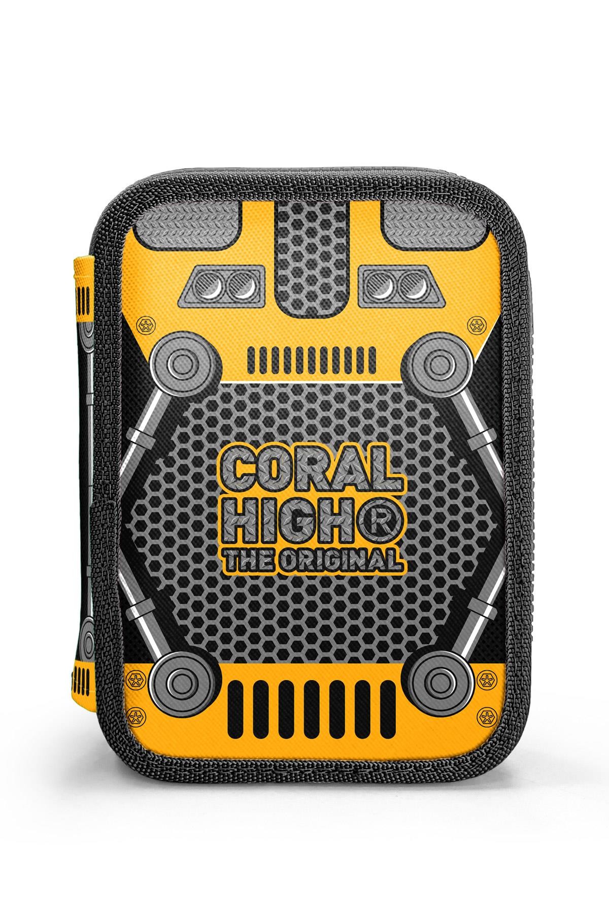 Coral High Kids Sarı Siyah Robot Desenli Çift Katlı kalem Çanta 11156