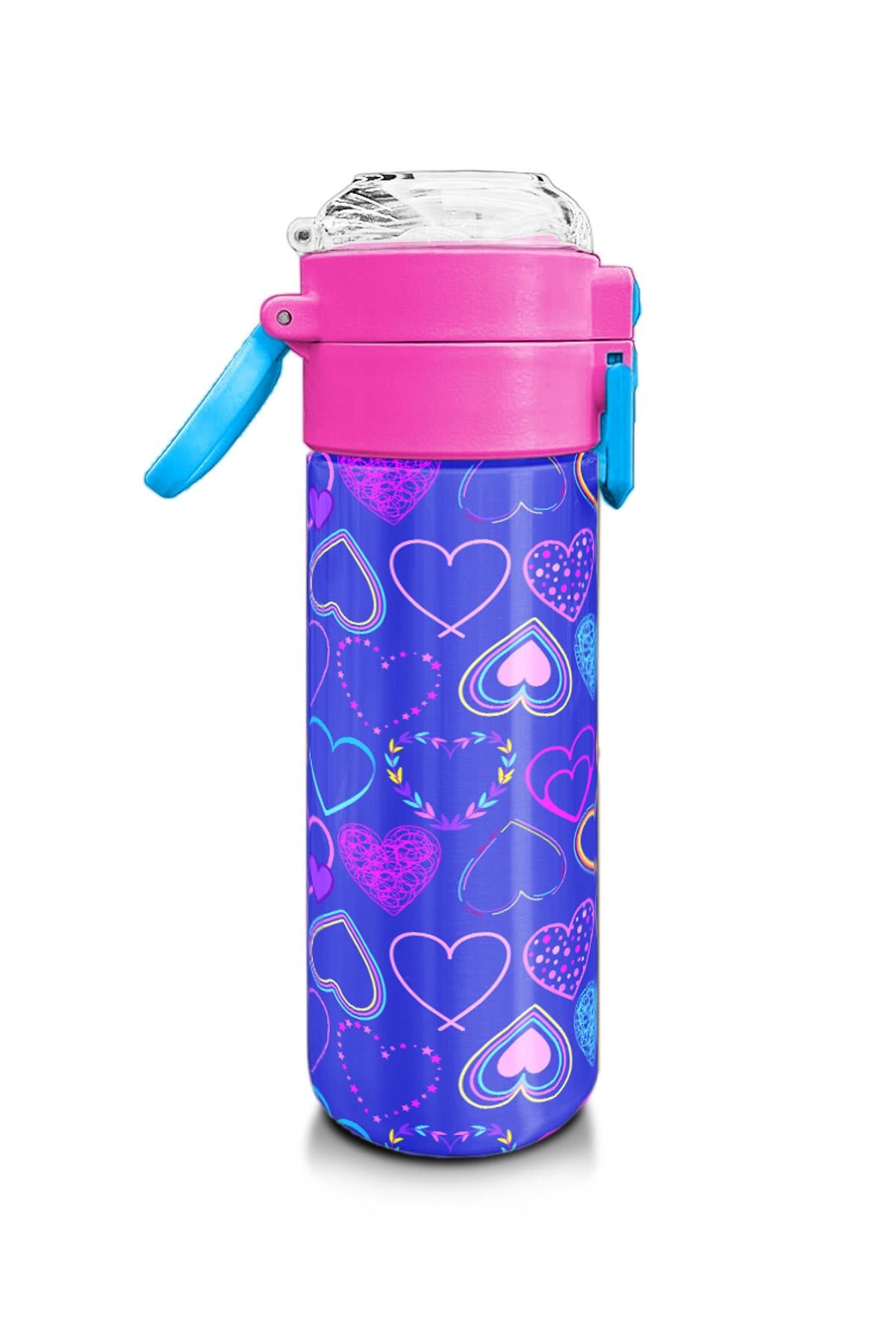 Coral High Kids Açık Pembe Lavanta Kalp Desenli Pipetli ve Direkt İçim Çelik Termos 500 ml 31977