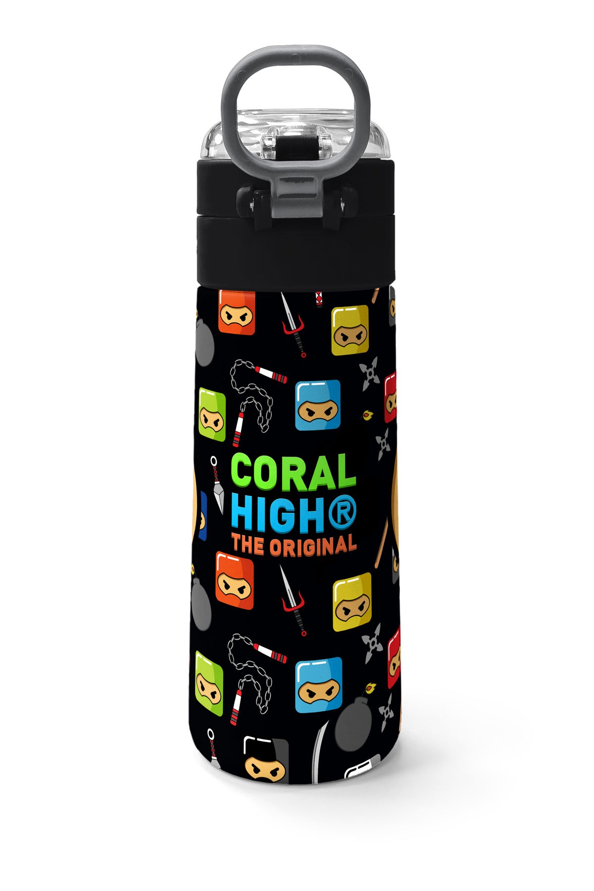 Coral High Kids Siyah Ninja Desenli Pipetli ve Direkt İçim Çelik Termos 500 ml 31919