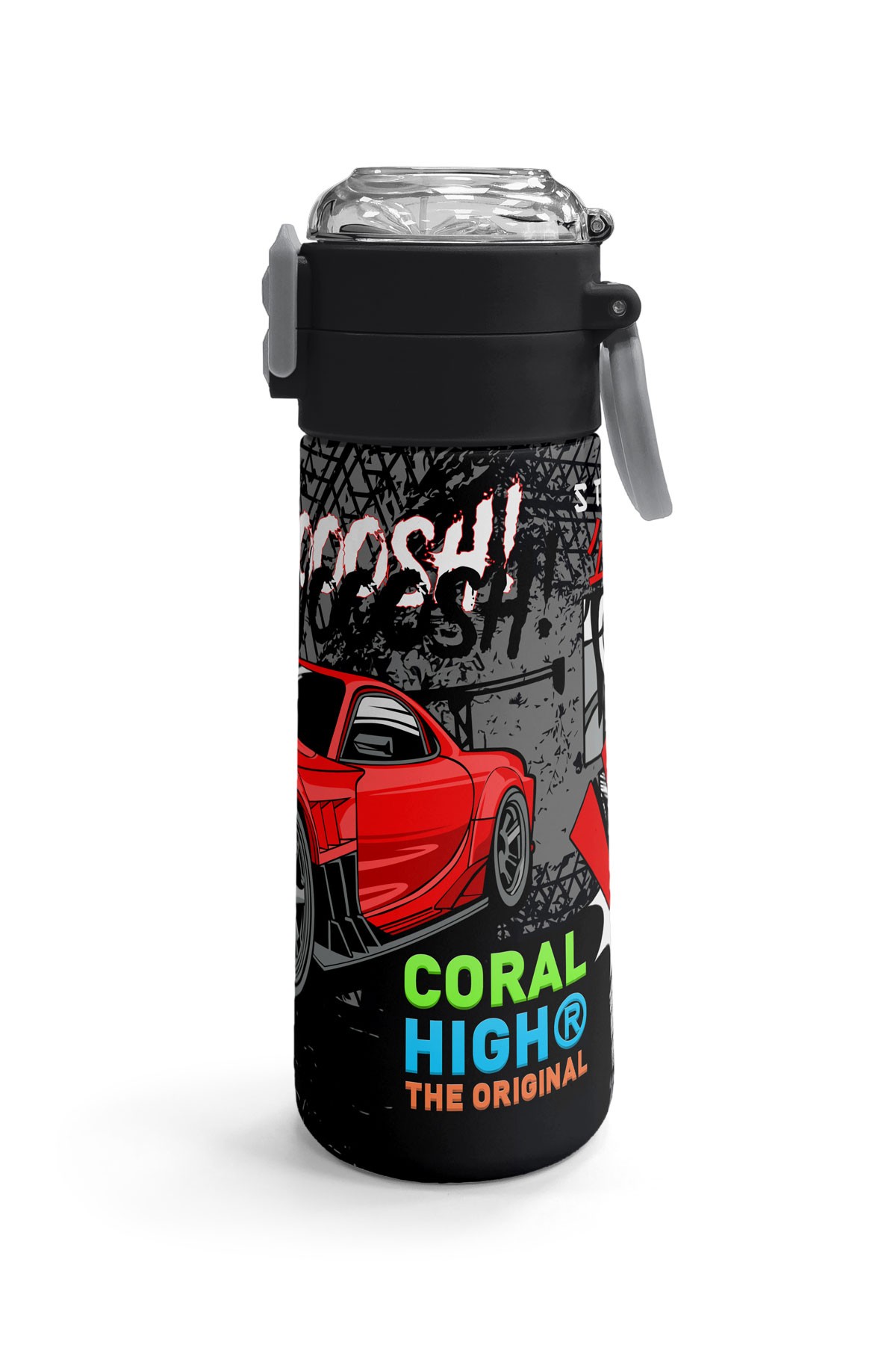 Coral High Kids Siyah Kırmızı Anime Araba Desenli Pipetli ve Direkt İçim Çelik Termos 500 ml 31948