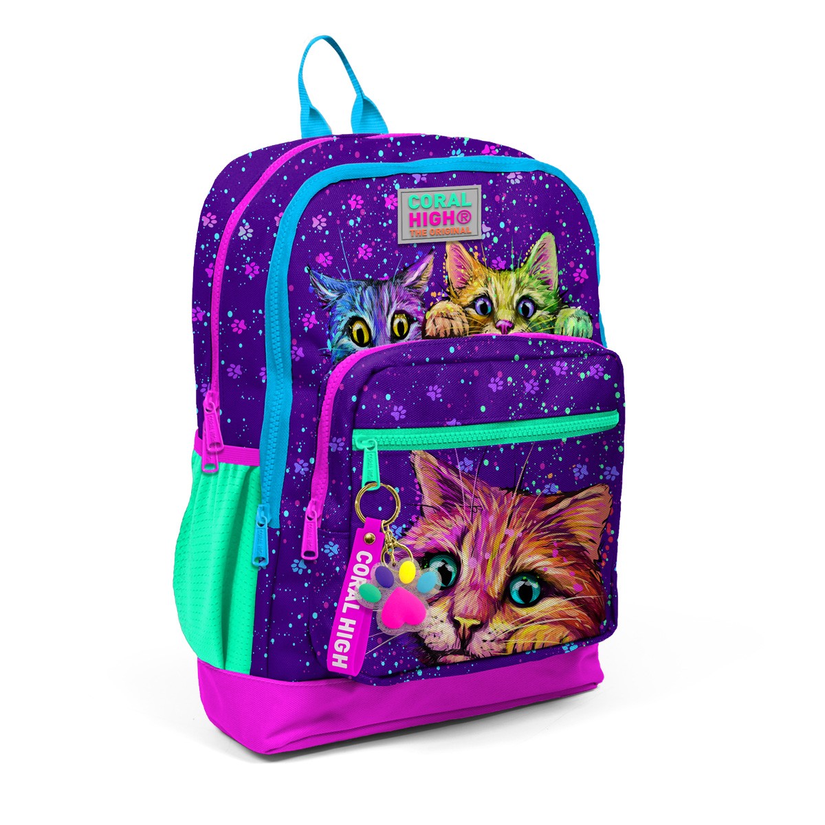 Coral High Kids Mor Pembe Kedi Desenli Dört Bölmeli USB'li Okul Sırt Çantası 23832